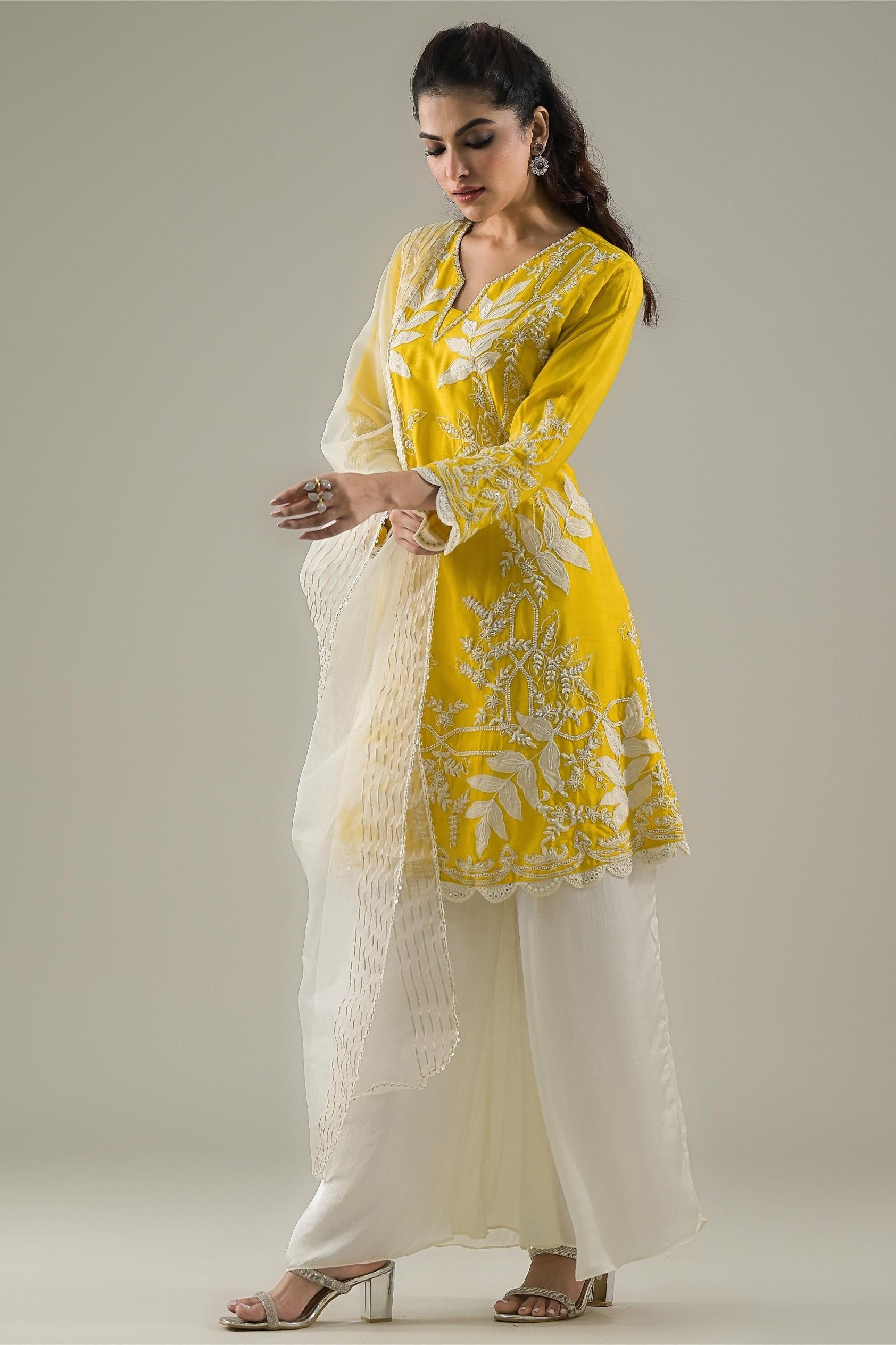 Festive Yellow Embroidered Raw Silk Pants Set