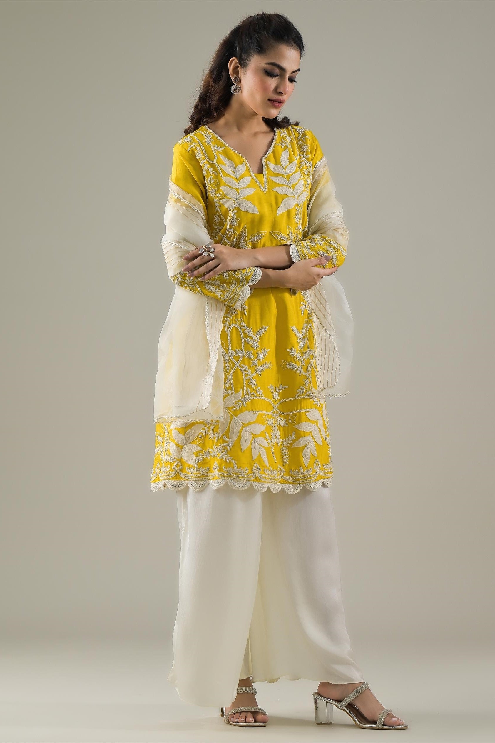 Festive Yellow Embroidered Raw Silk Pants Set