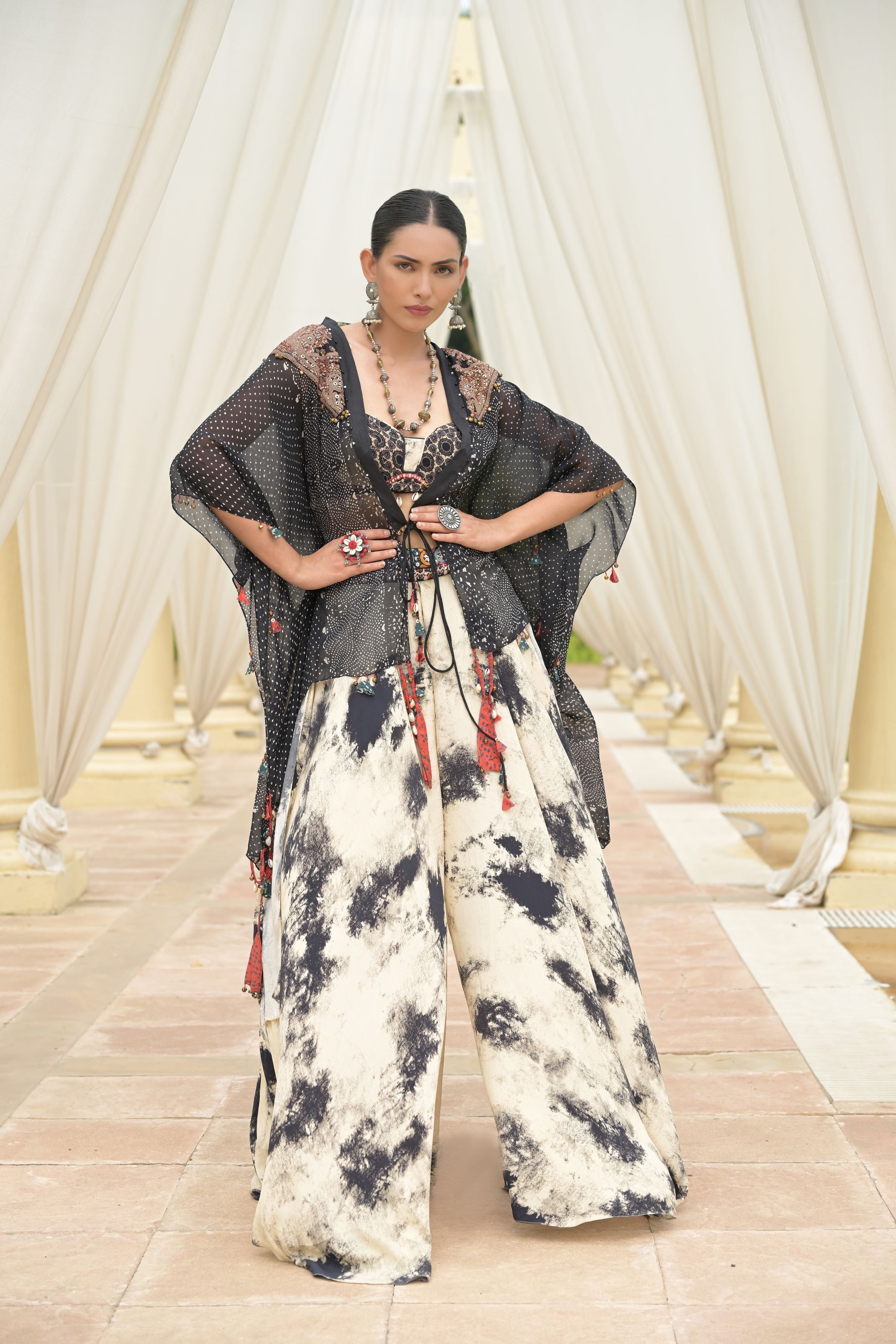 Black & White Printed Crepe Silk Cape Set