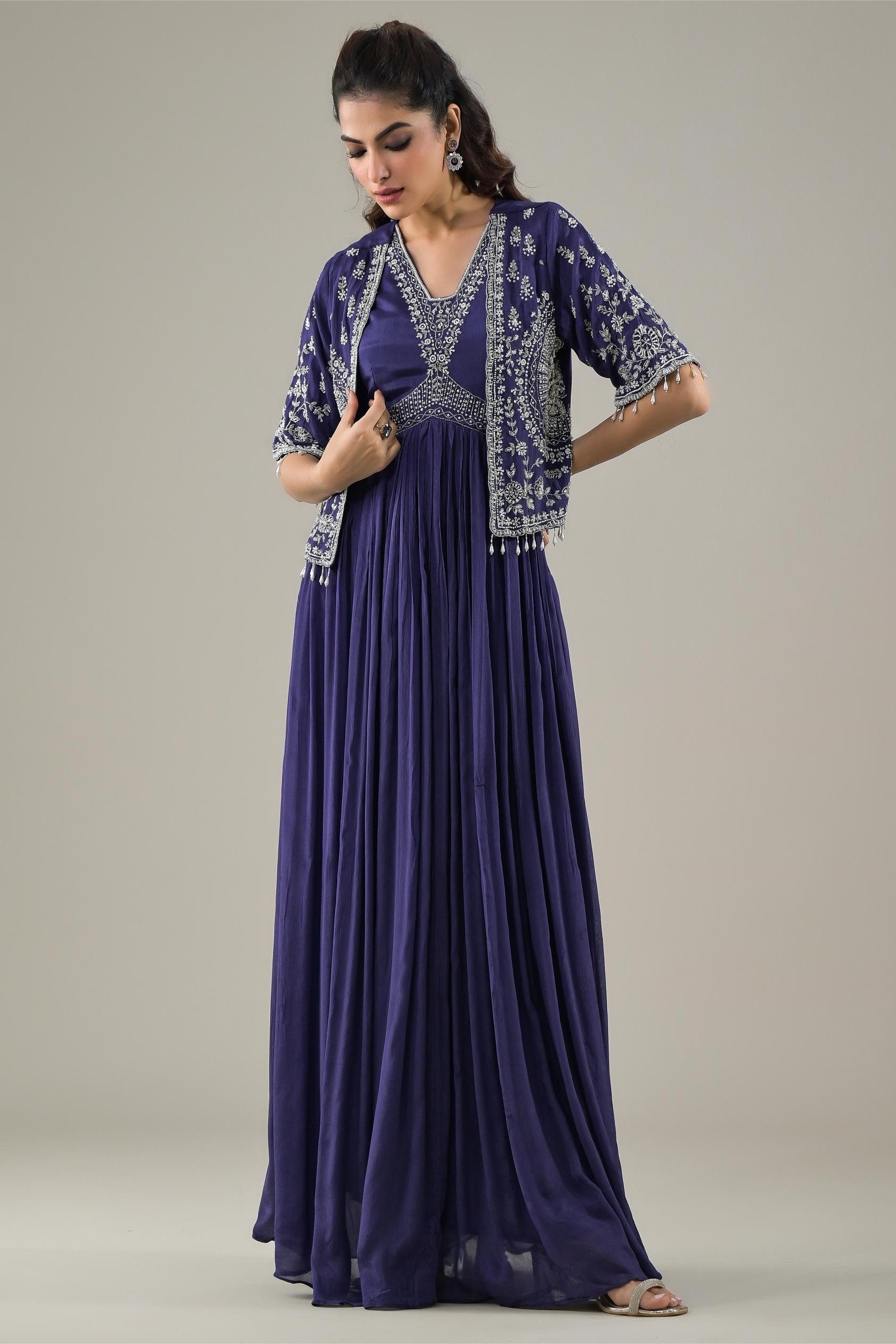 Purple Embellished Chinon Silk Gown