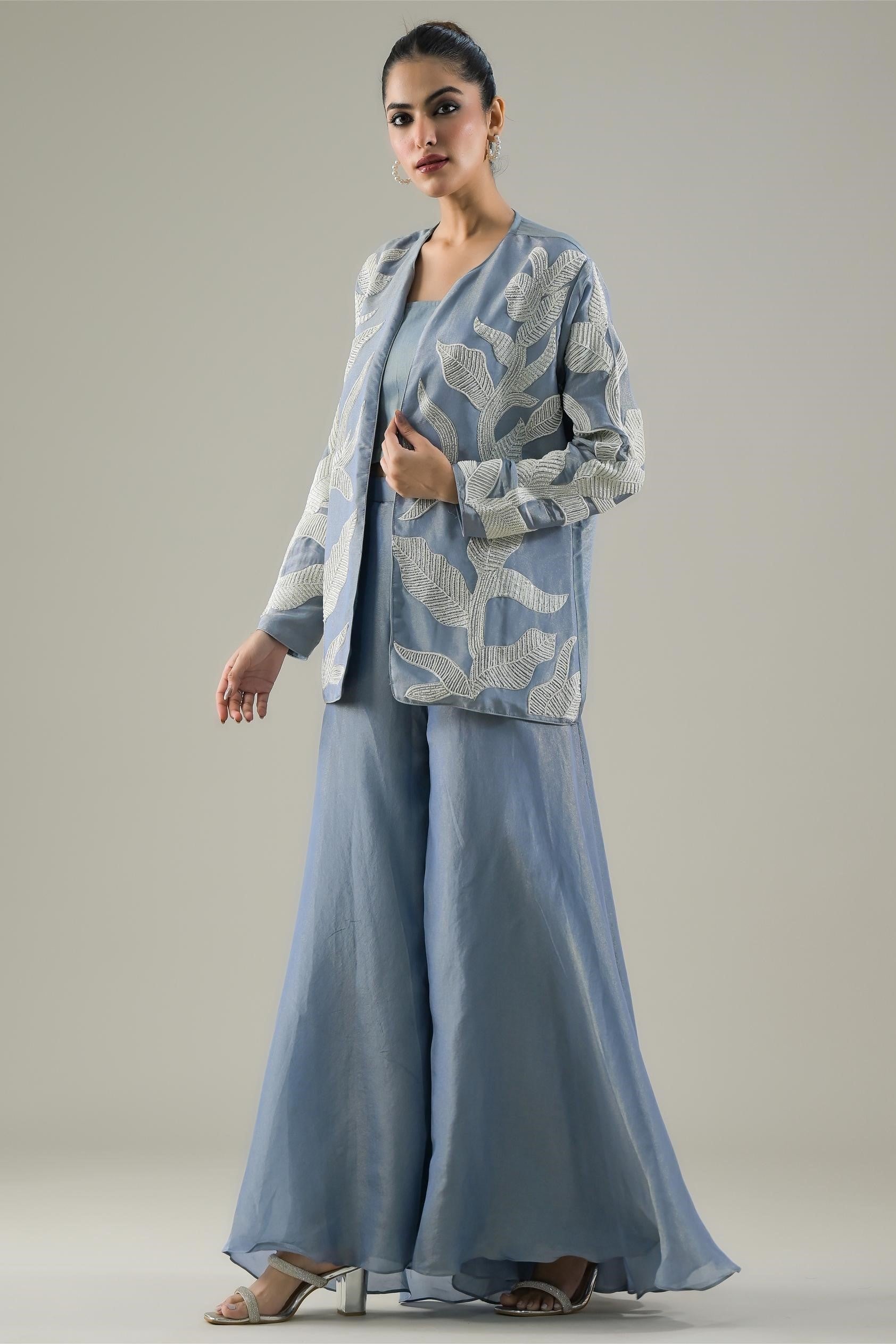 Light Blue Embroidered Shimmer Silk Jacket & Palazzo Set