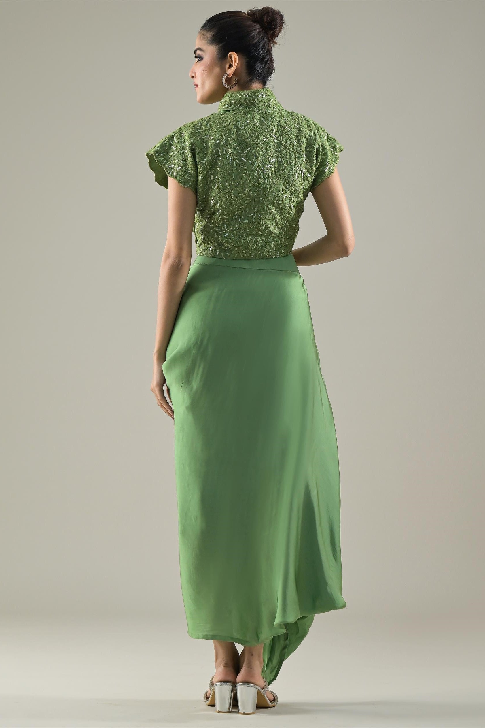 Green Embellished Raw Silk Jacket & Skirt Set