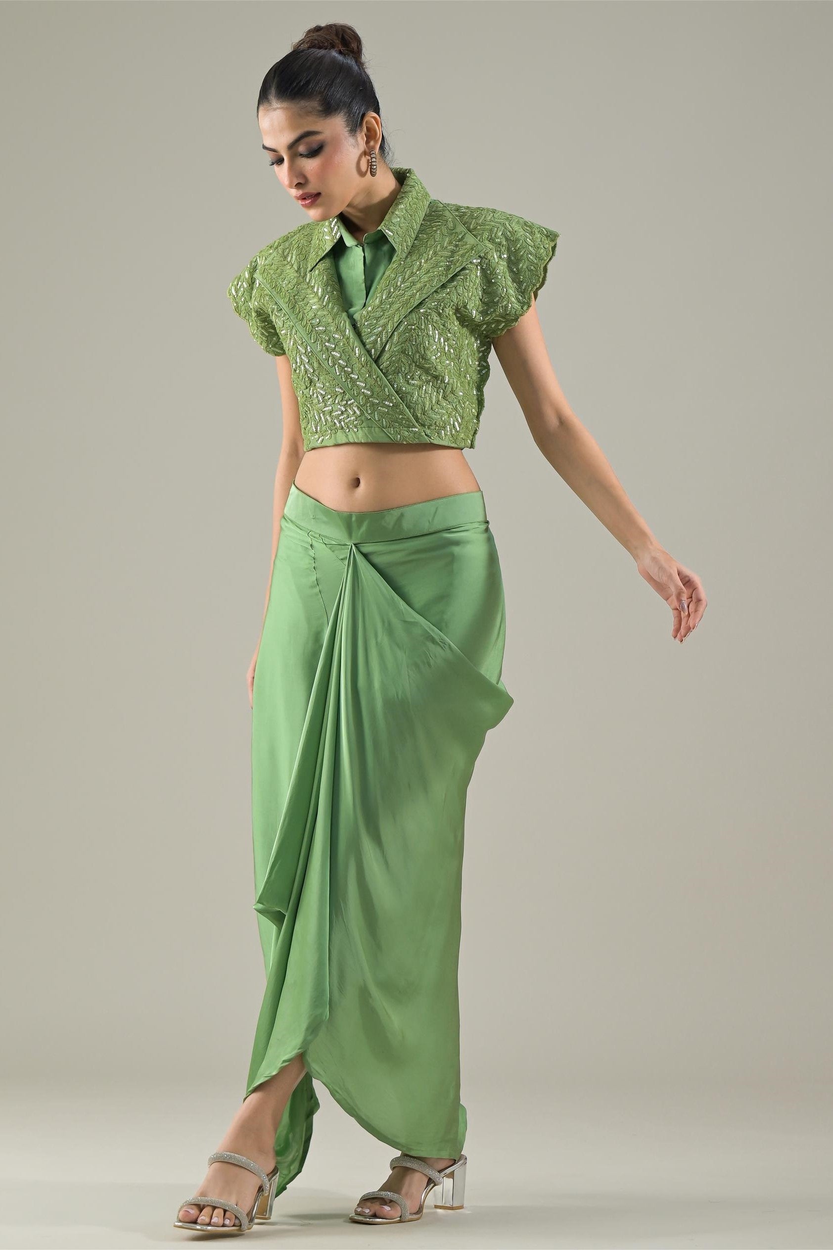 Green Embellished Raw Silk Jacket & Skirt Set