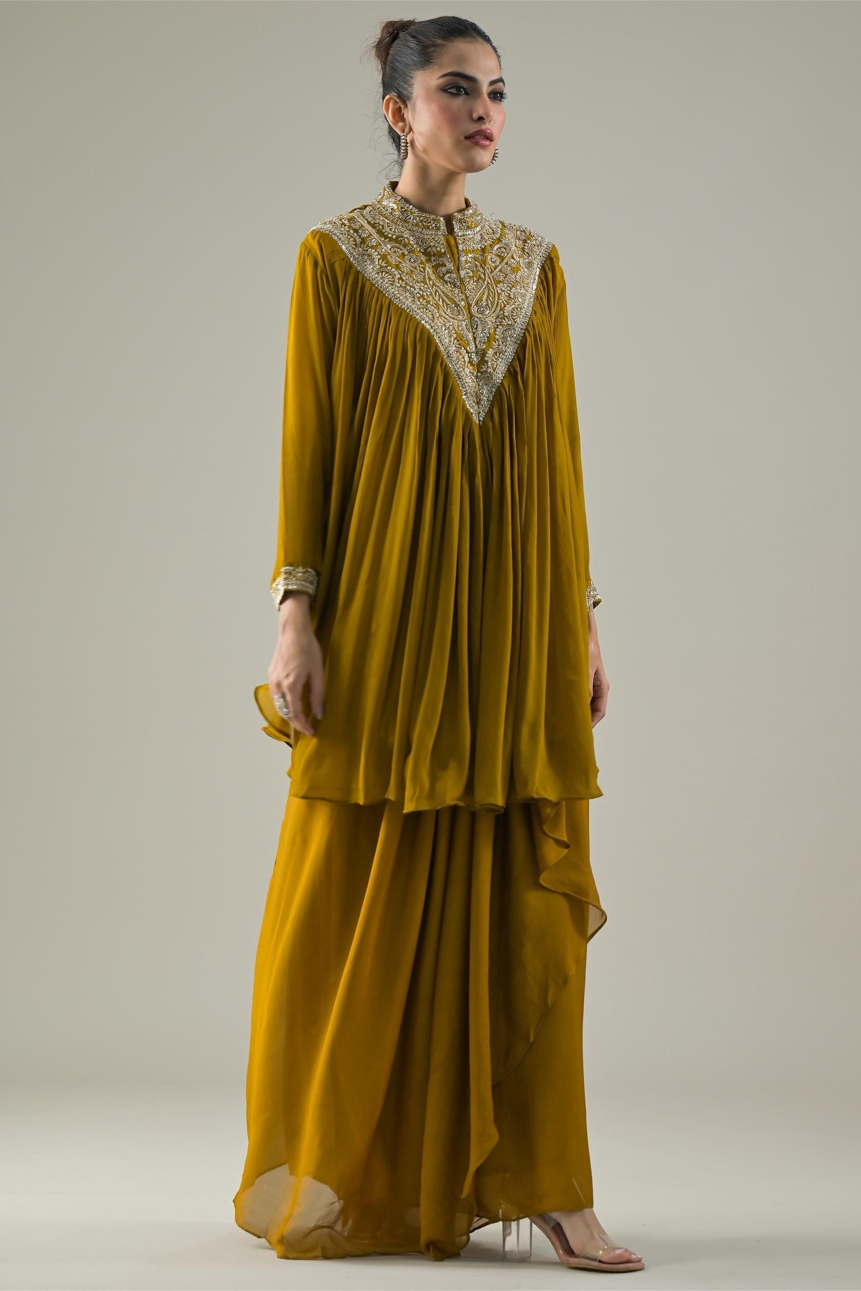 Ochre Yellow Embroidered Chinon Silk Kurta & Skirt Set