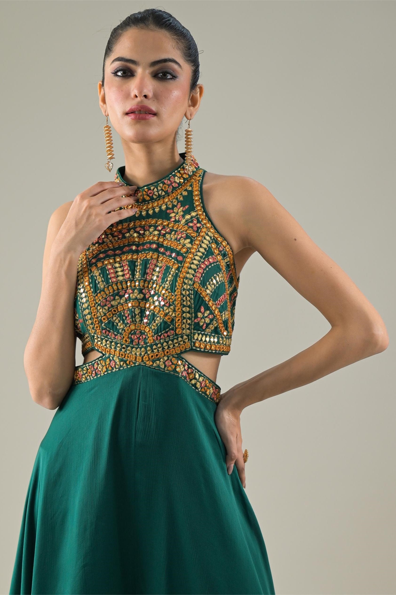 Deep Green Embroidered Chinon Satin Silk Jumpsuit