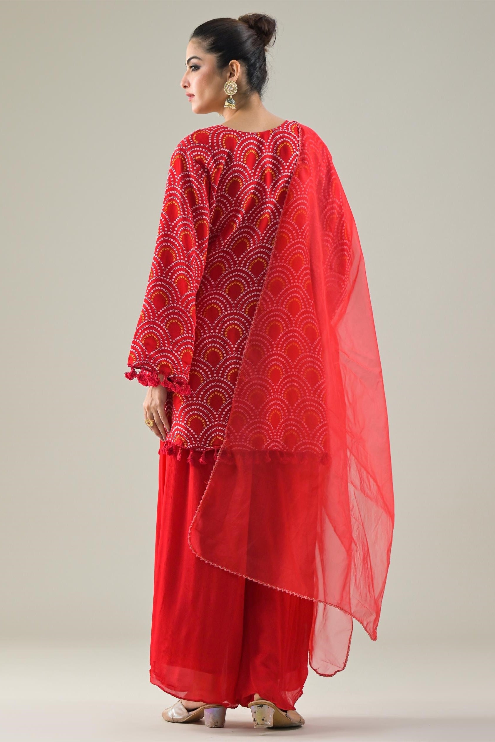 Red Bandhej Printed Soft Organza Silk Palazzo Set