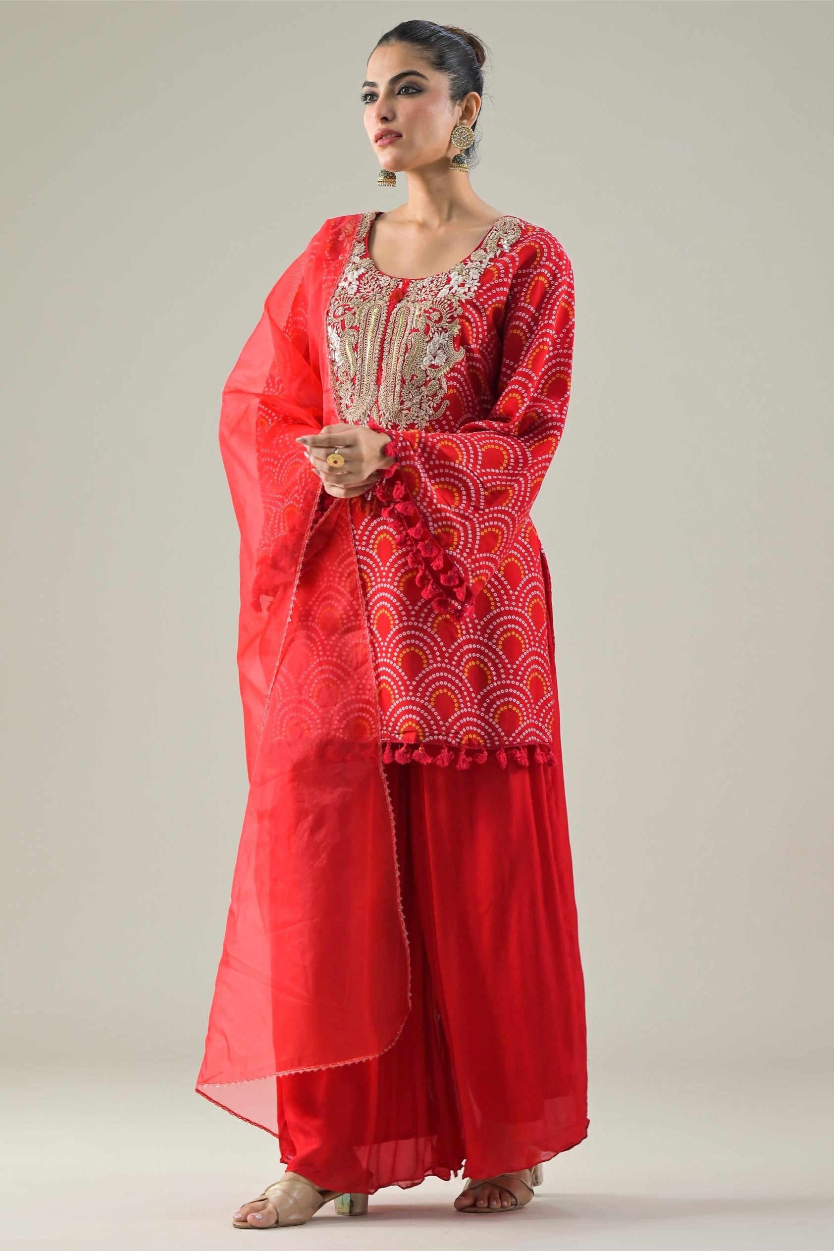 Red Bandhej Printed Soft Organza Silk Palazzo Set