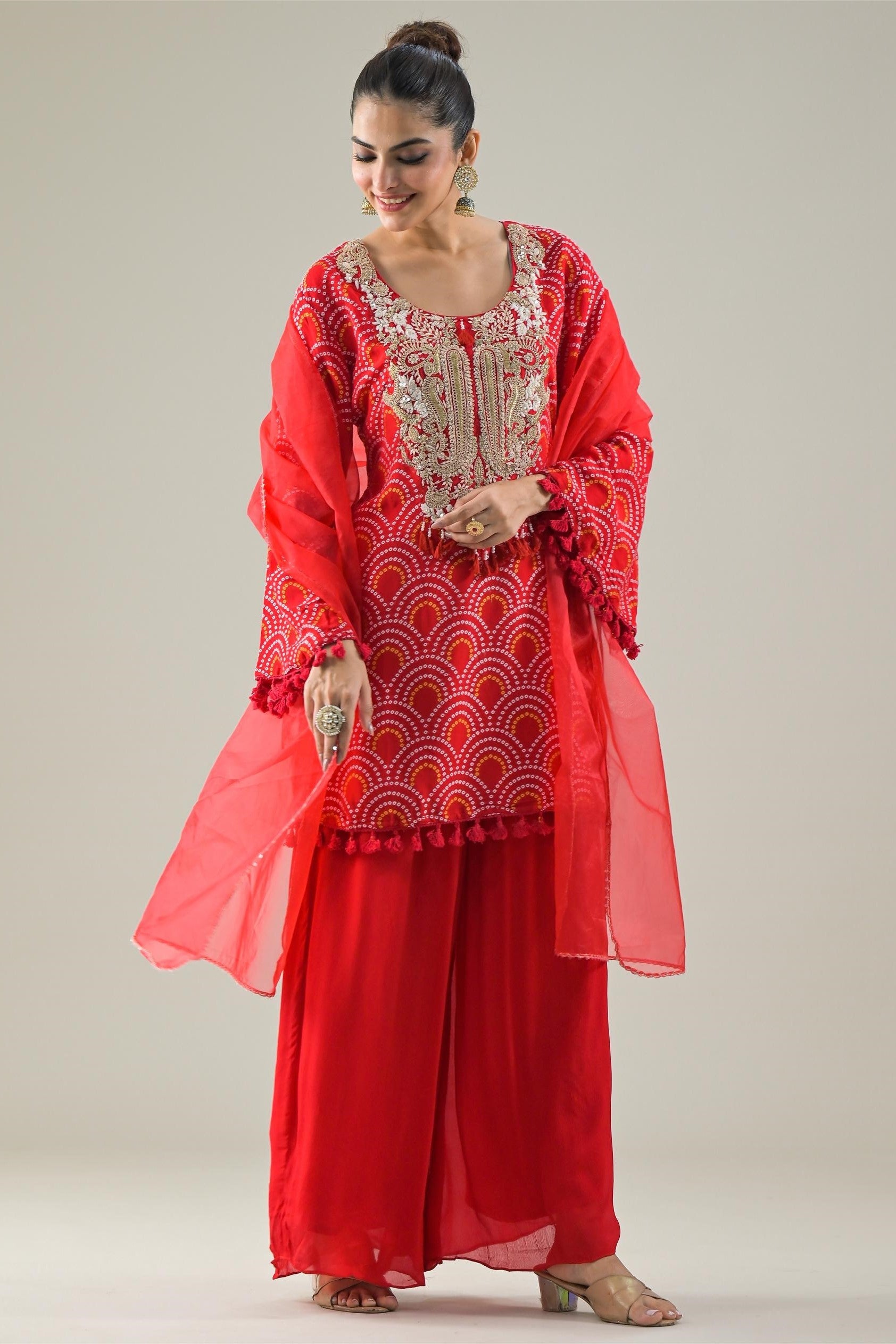 Red Bandhej Printed Soft Organza Silk Palazzo Set