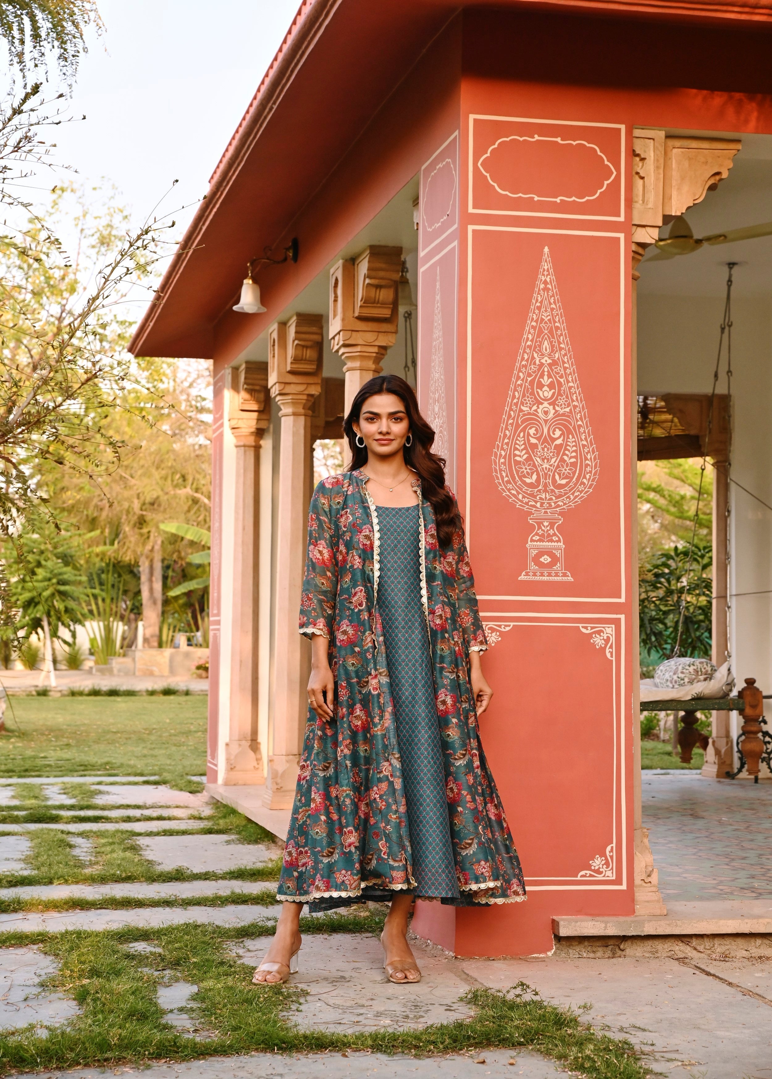 Dark Green Printed Chanderi Silk Tunic Dress