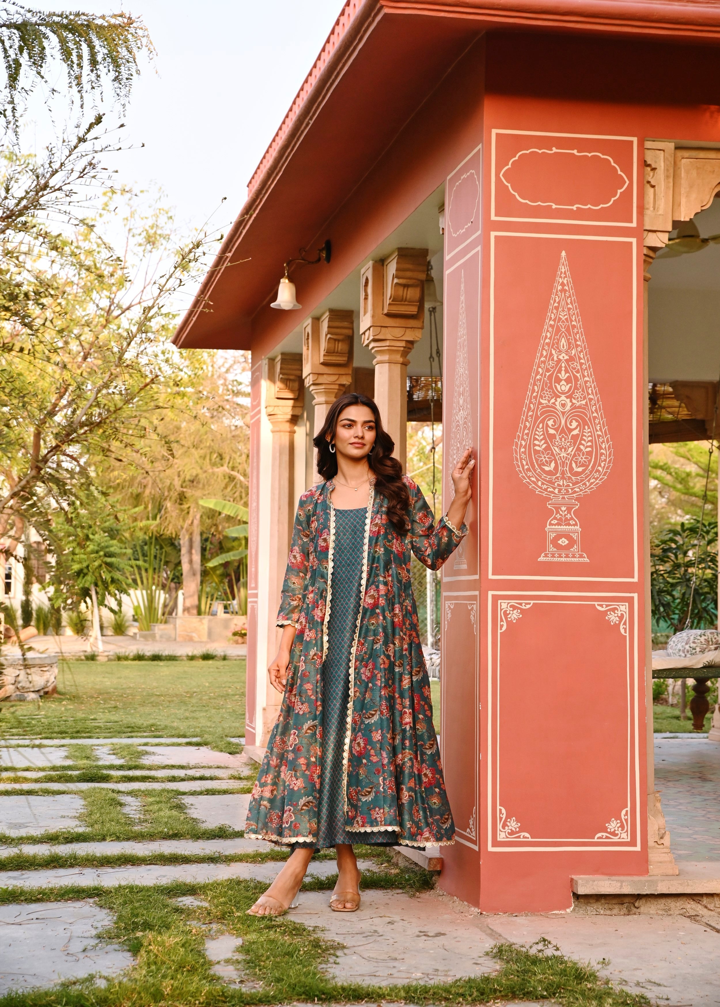 Dark Green Printed Chanderi Silk Tunic Dress
