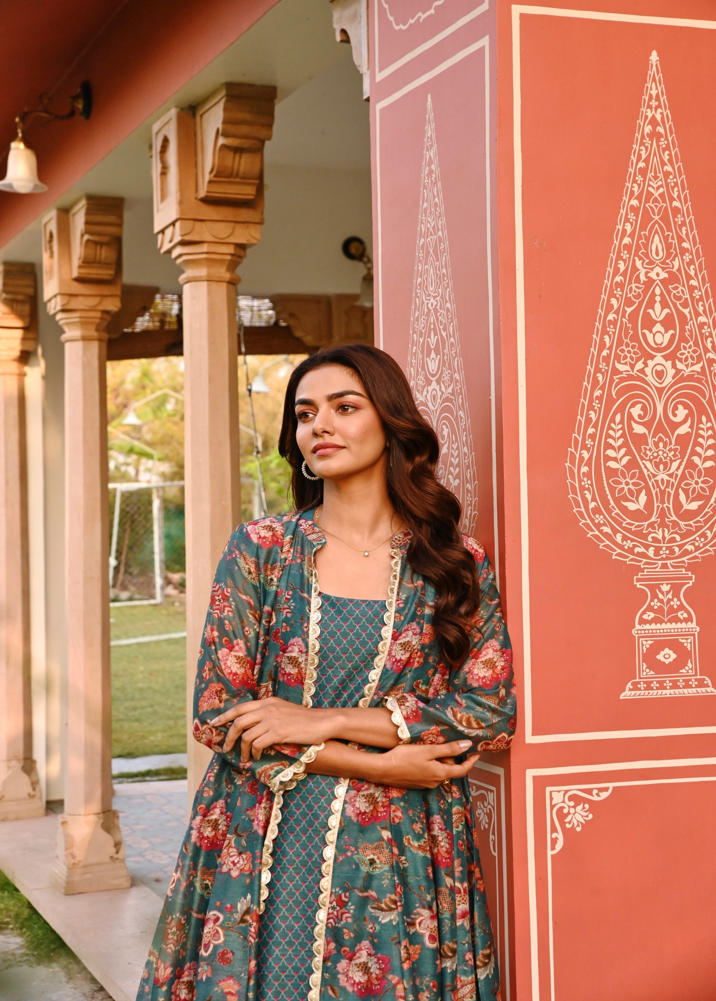 Dark Green Printed Chanderi Silk Tunic Dress