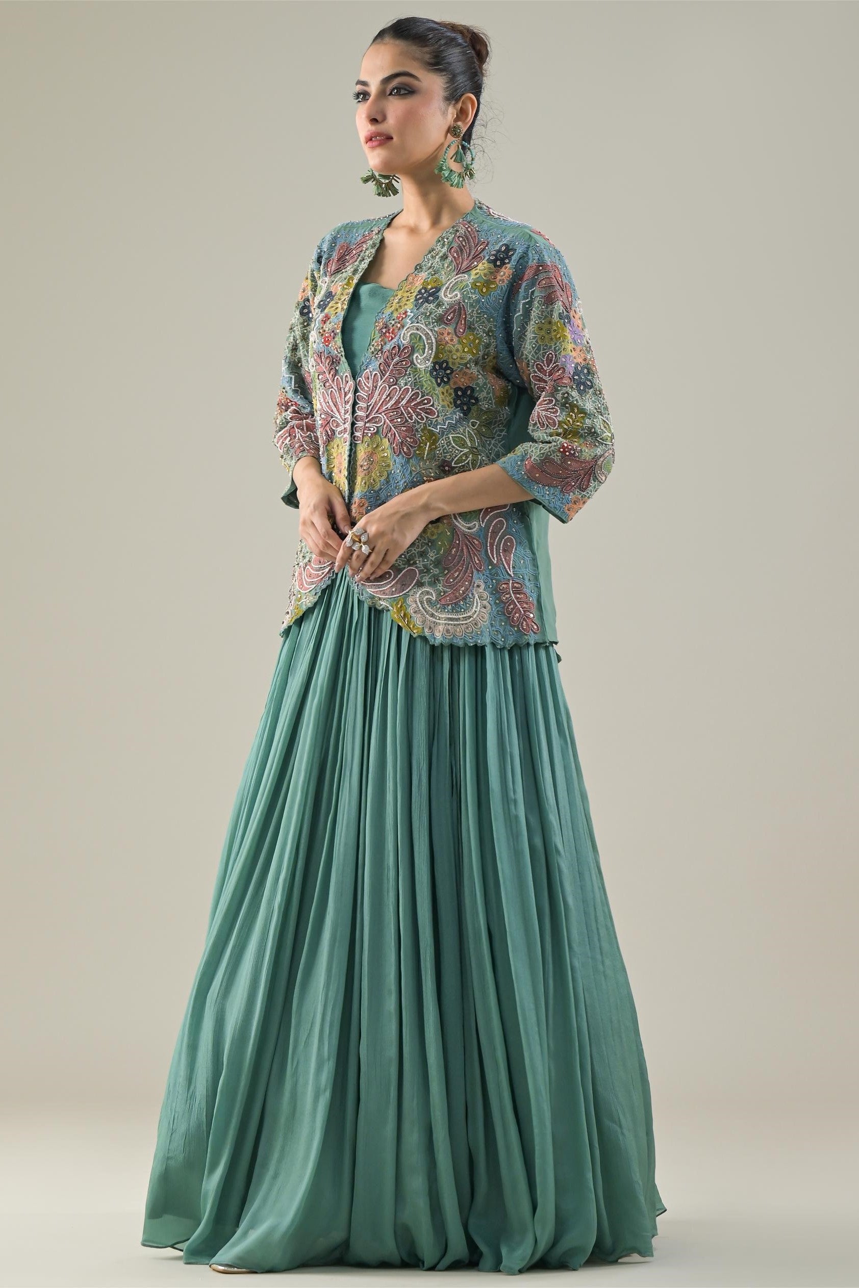 Light Turquoise Embroidered Organza Silk Jacket-Skirt Set