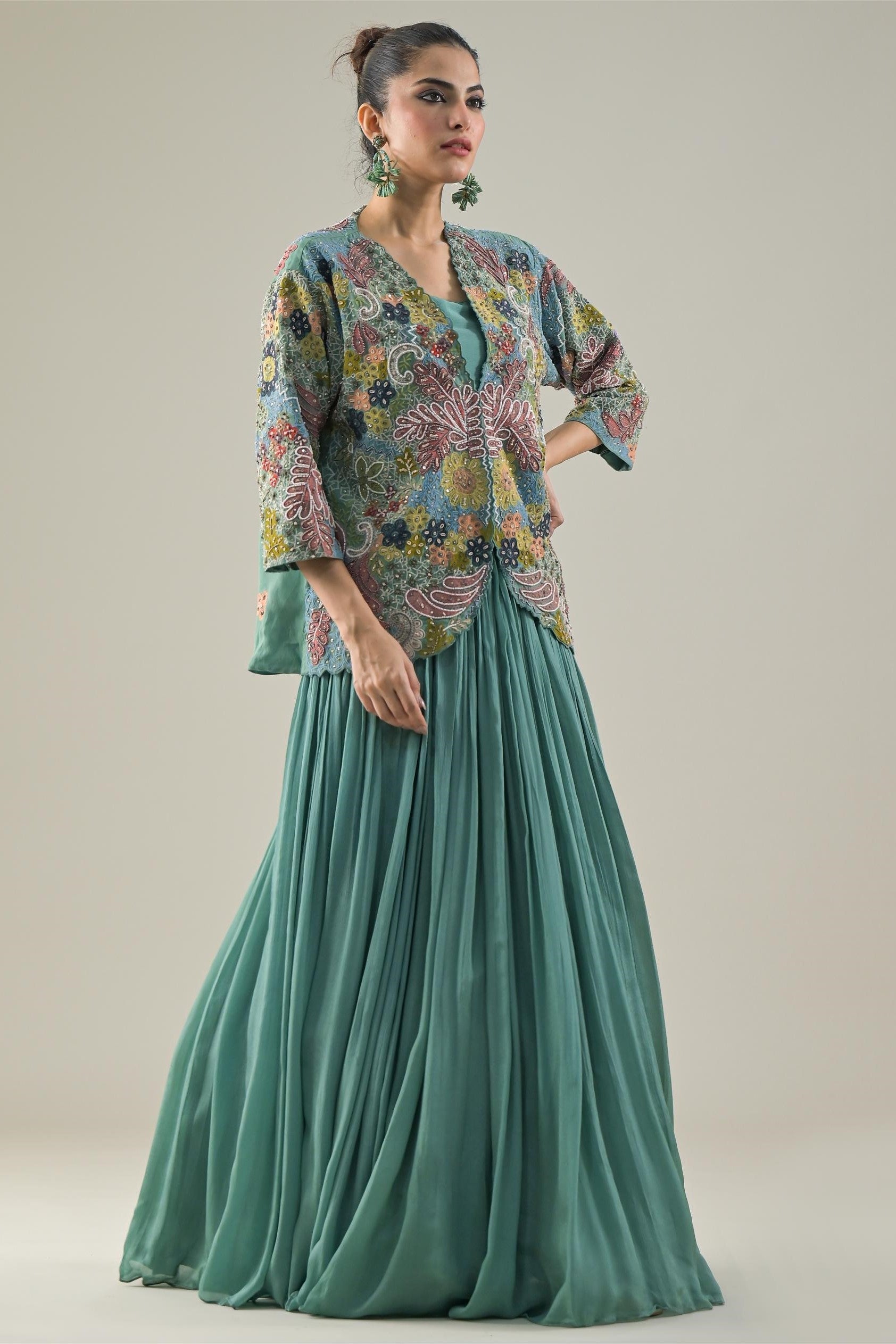 Light Turquoise Embroidered Organza Silk Jacket-Skirt Set