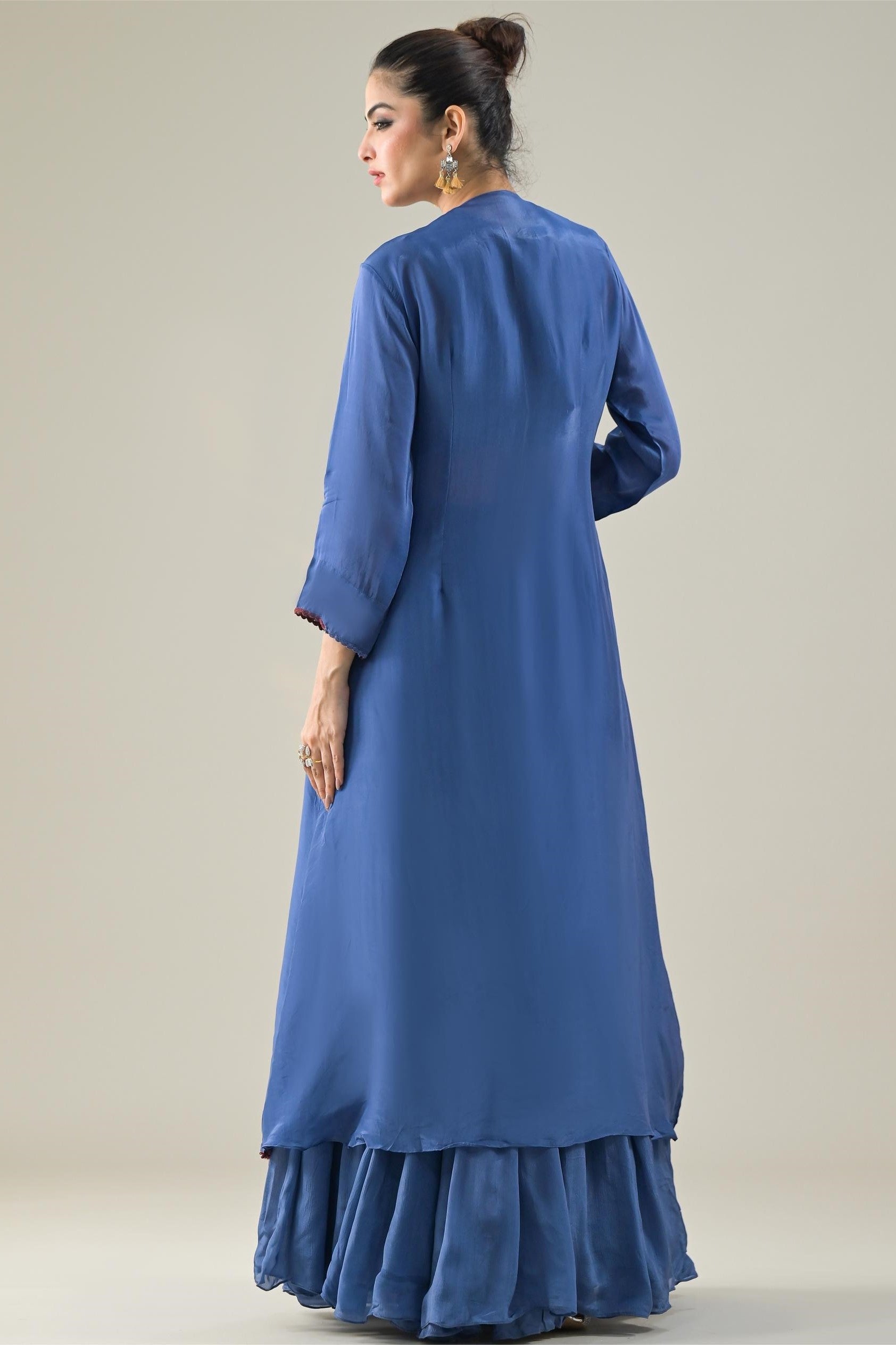 Blue Embroidered Chinon Silk Shrug & Skirt Set