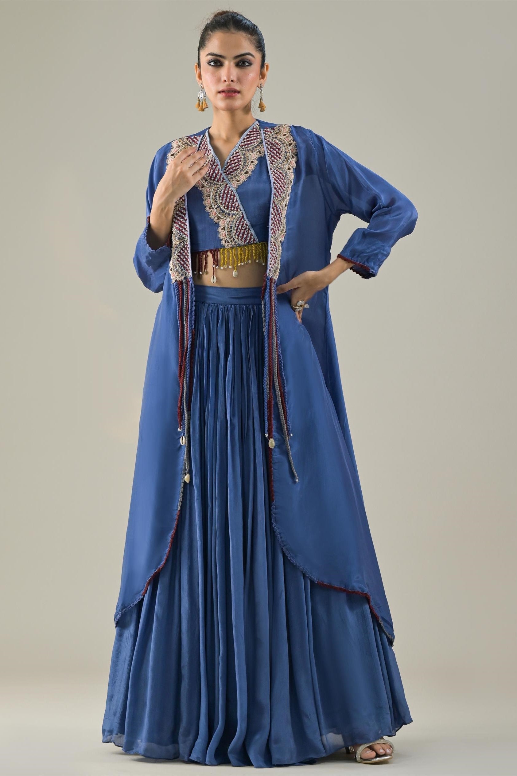 Blue Embroidered Chinon Silk Shrug & Skirt Set