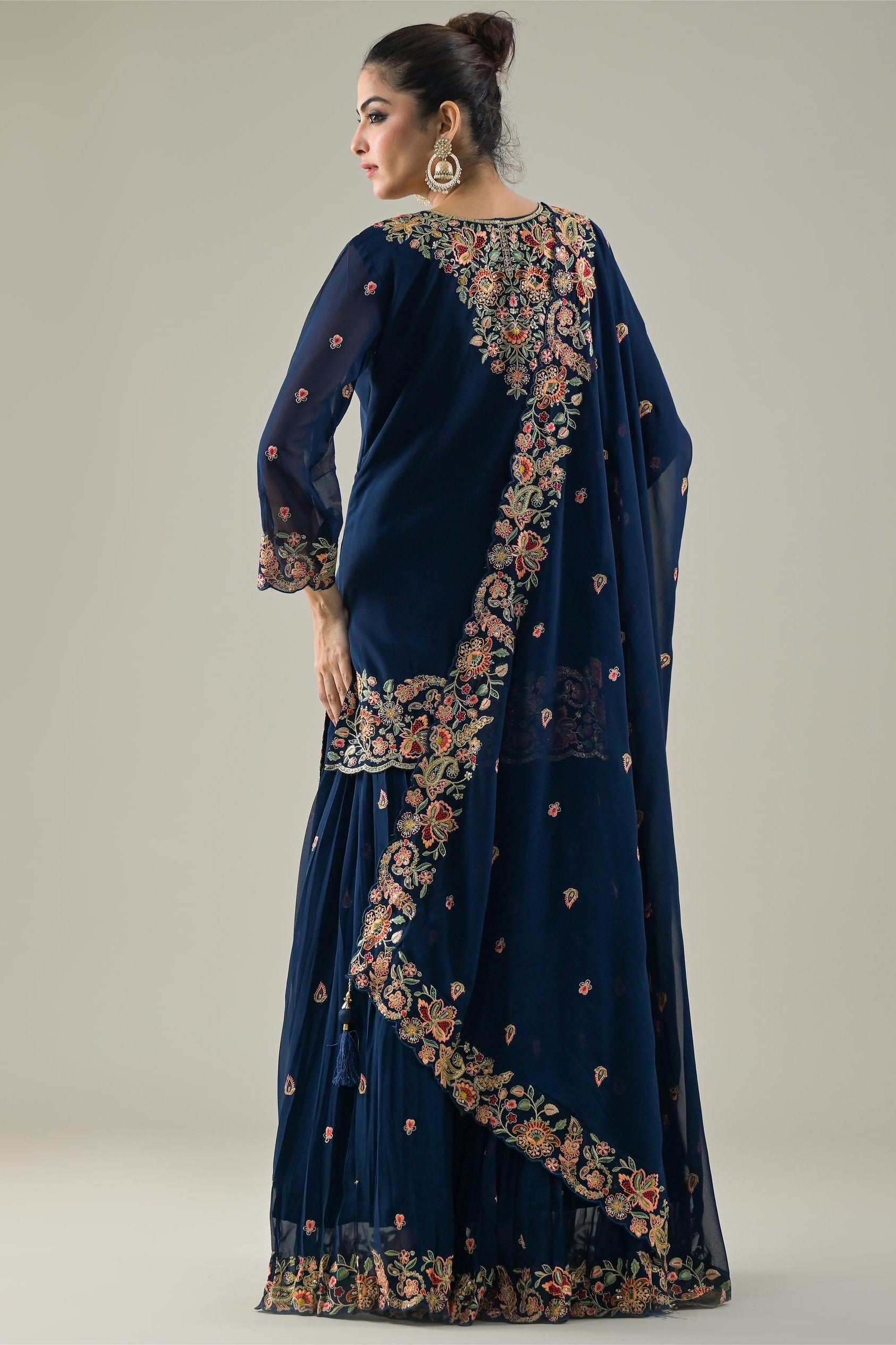 Deep Blue Embroidered Georgette Silk Lehenga Set