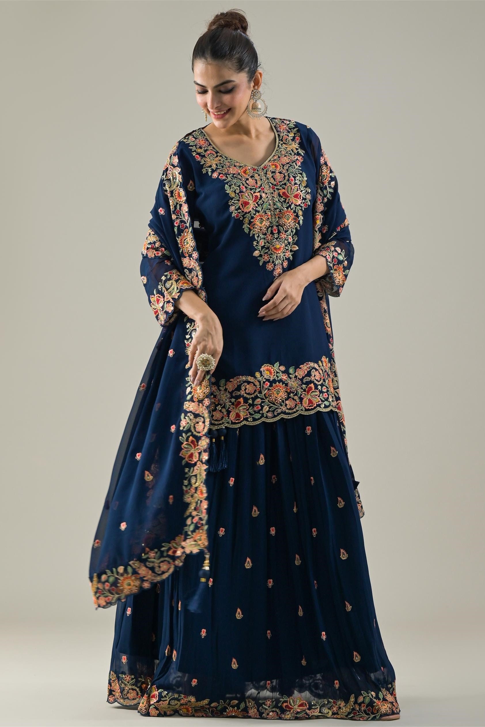 Deep Blue Embroidered Georgette Silk Lehenga Set