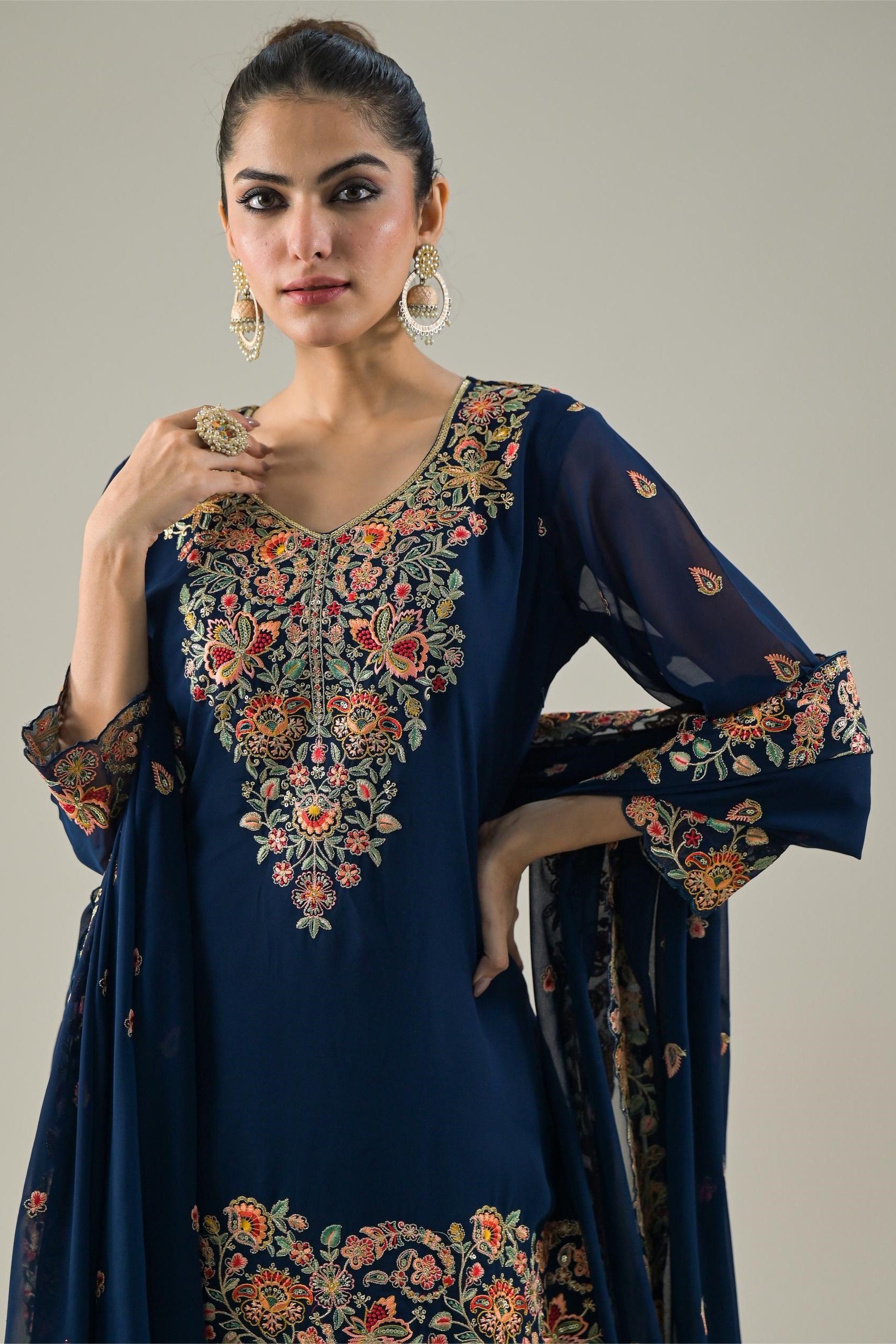 Deep Blue Embroidered Georgette Silk Lehenga Set