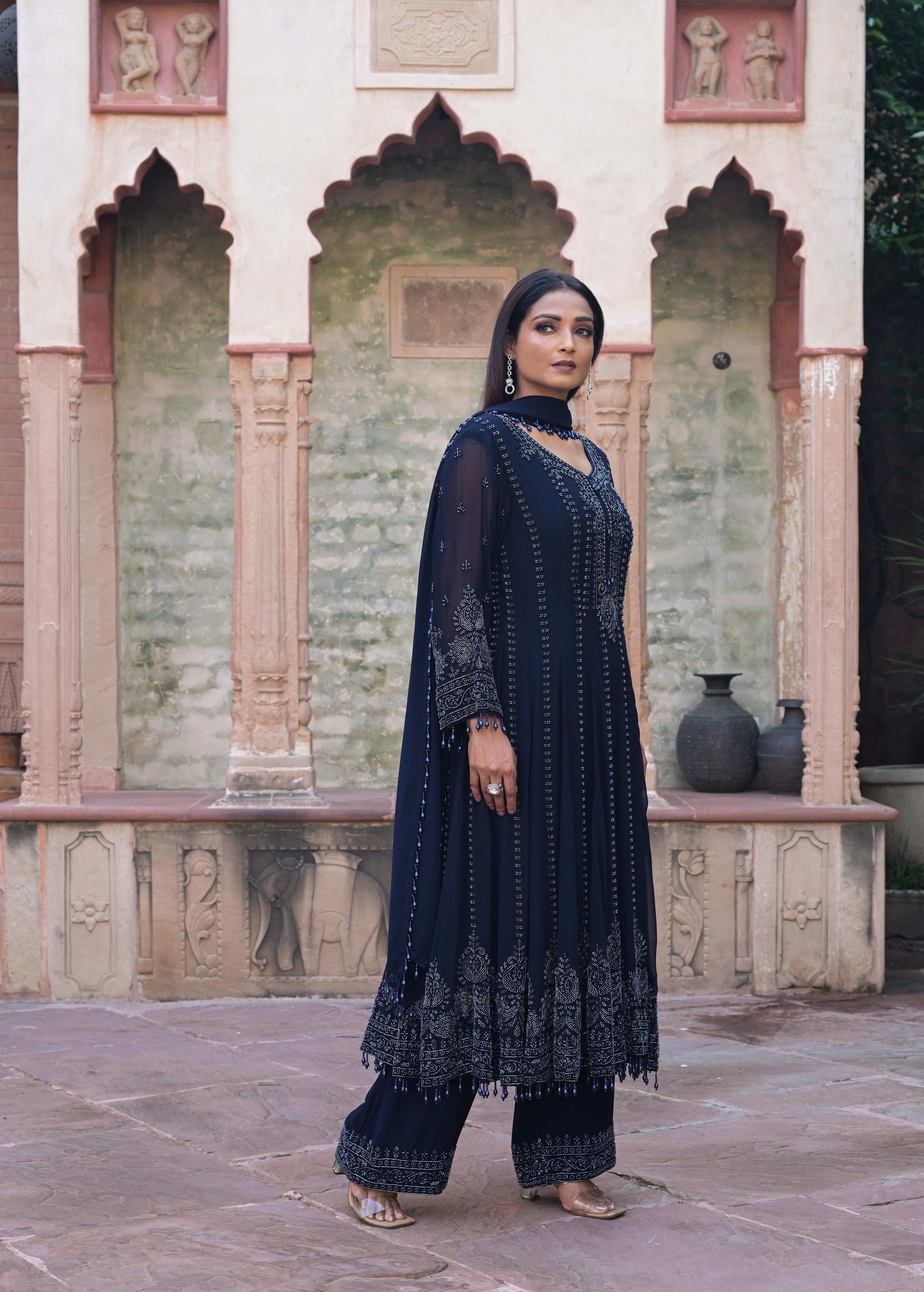 Navy Blue Embellished Georgette Silk Anarkali Set