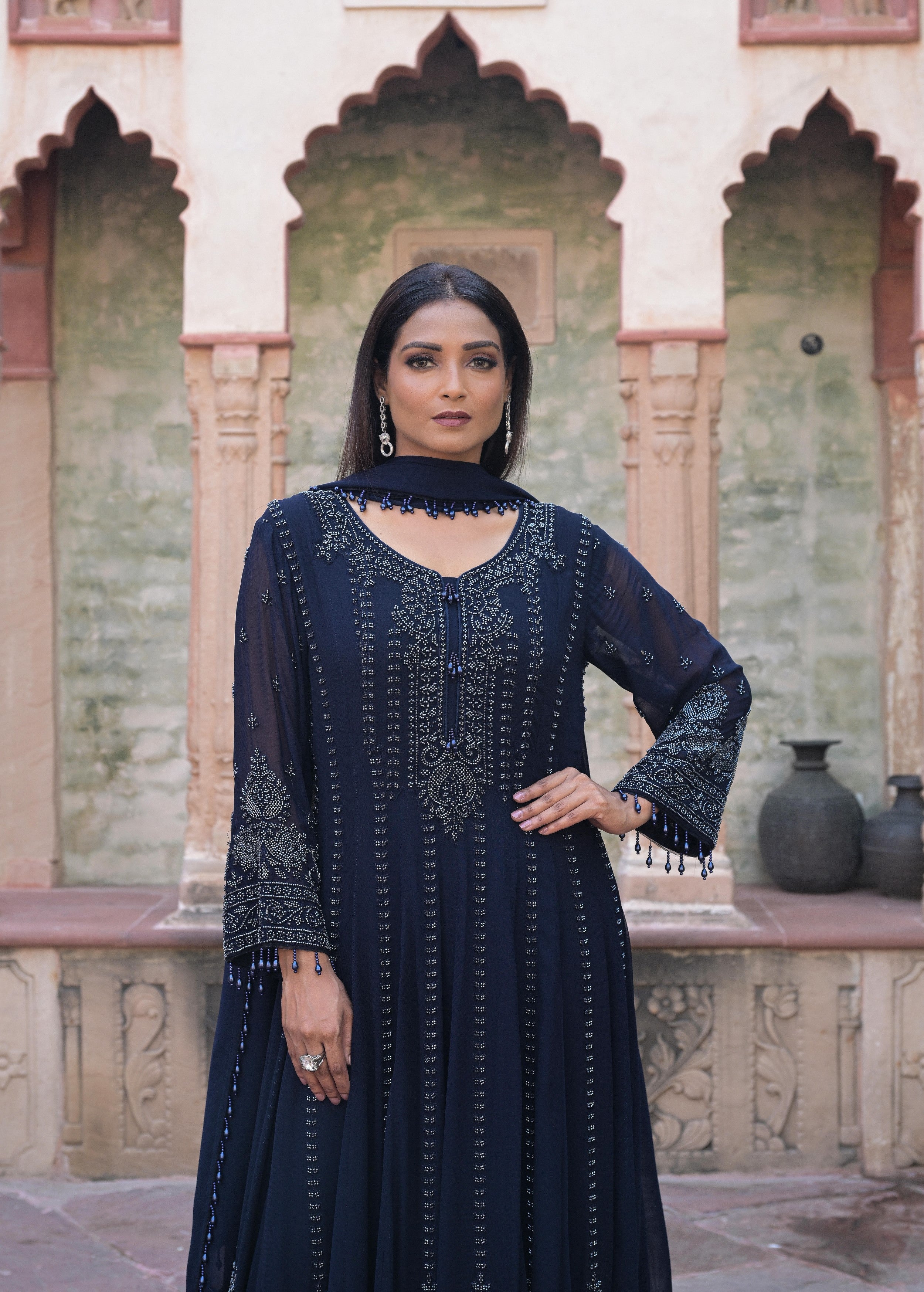 Navy Blue Embellished Georgette Silk Anarkali Set
