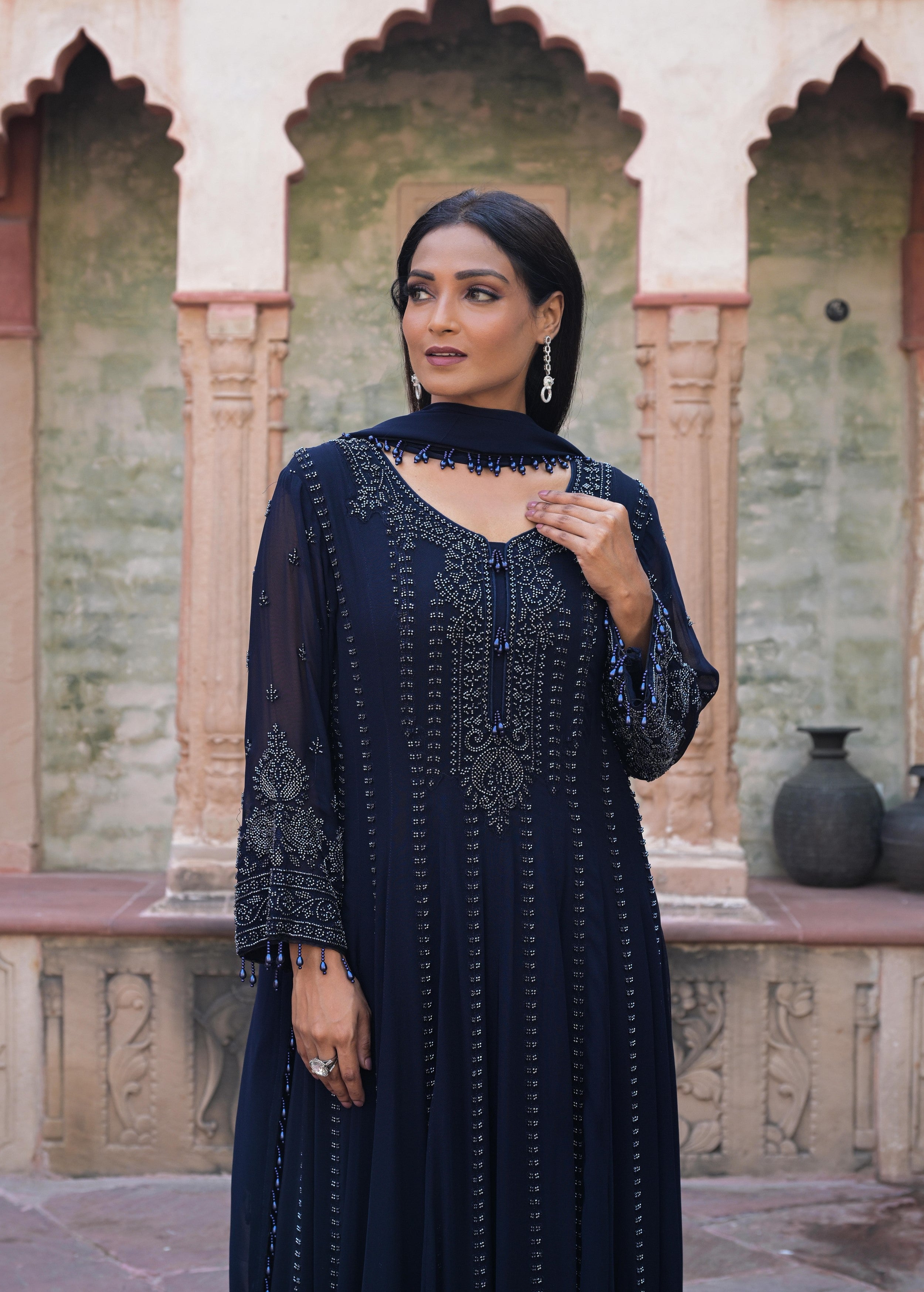Navy Blue Embellished Georgette Silk Anarkali Set