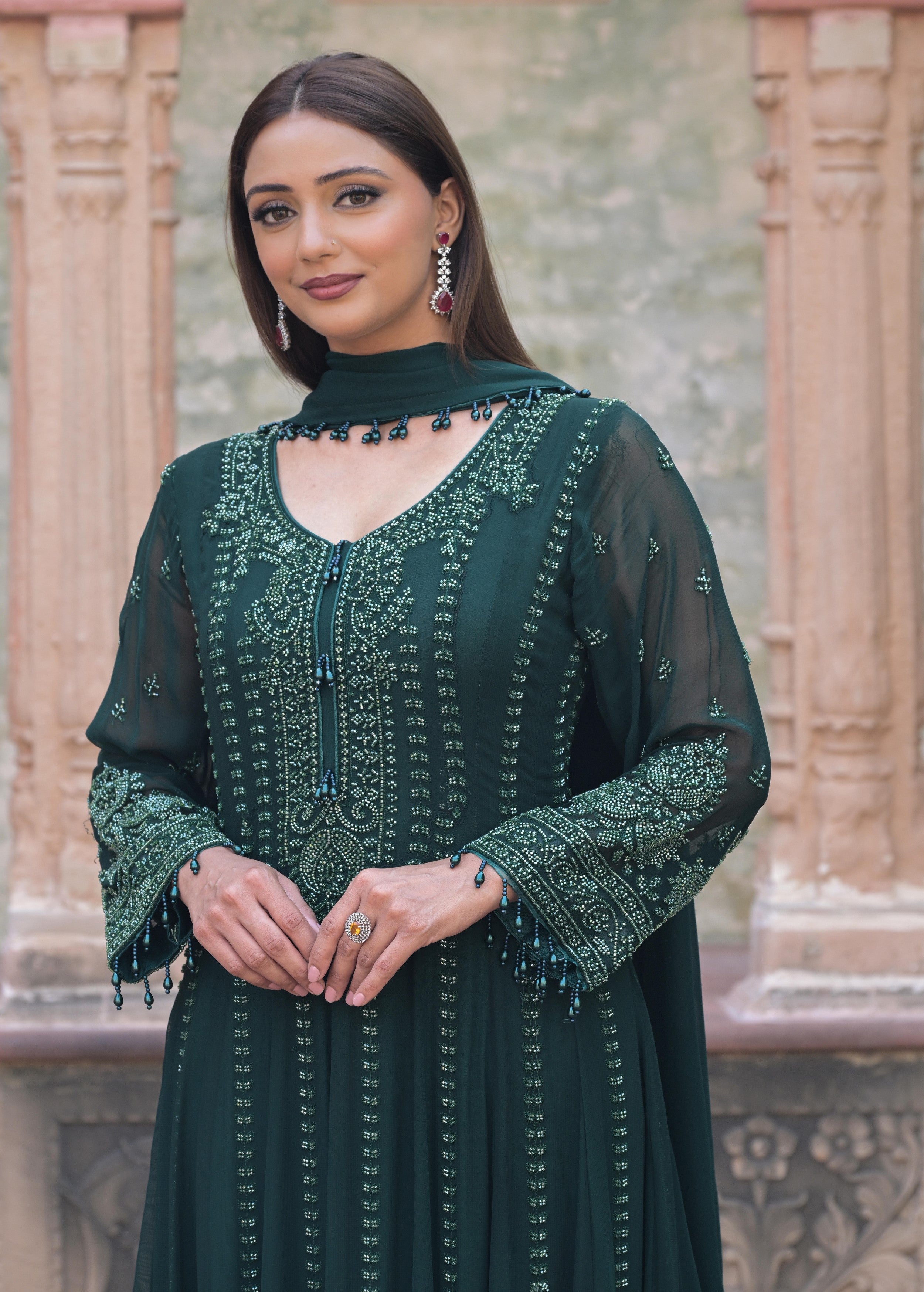 Dark Green Embellished Georgette Silk Anarkali Set
