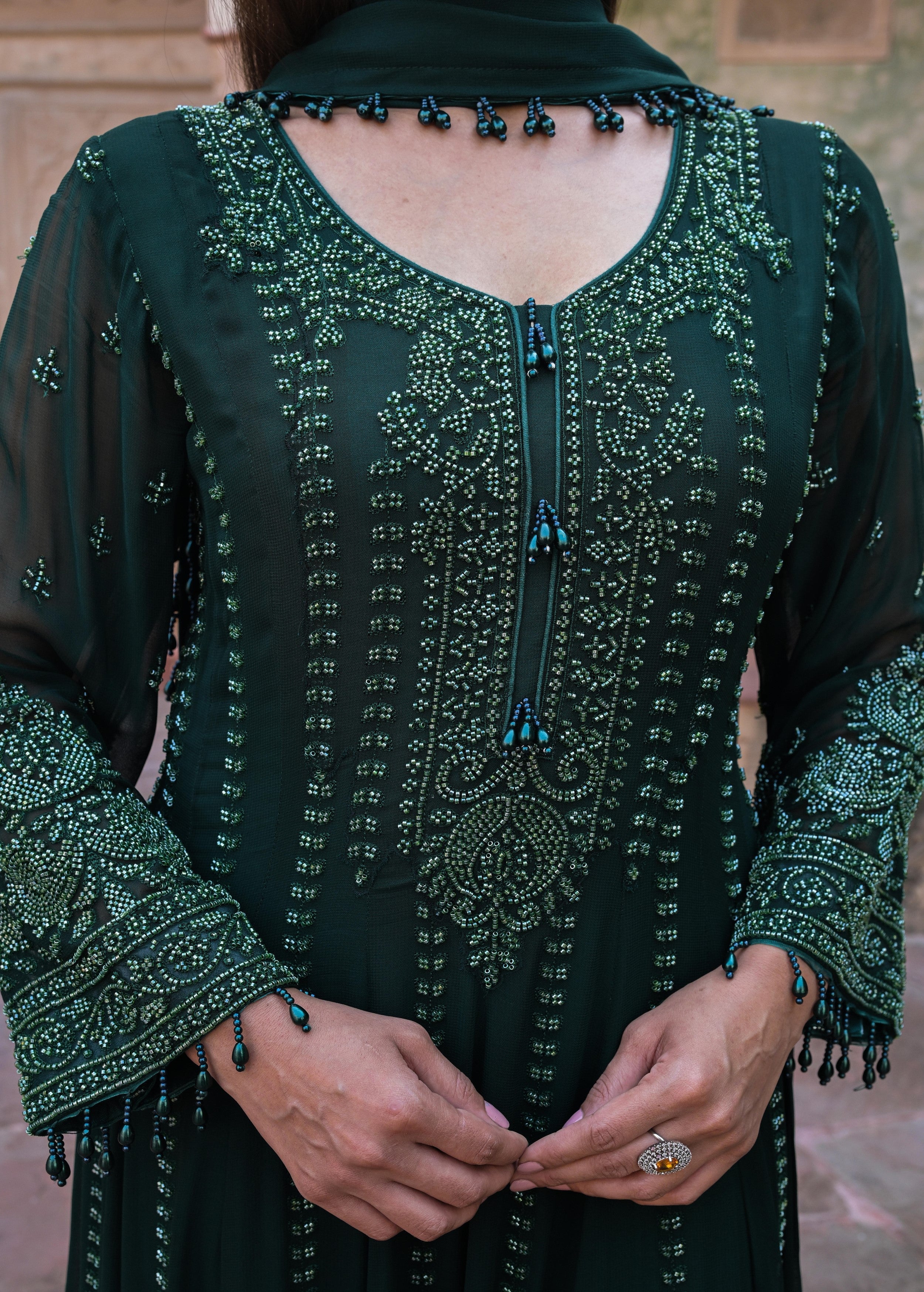 Dark Green Embellished Georgette Silk Anarkali Set