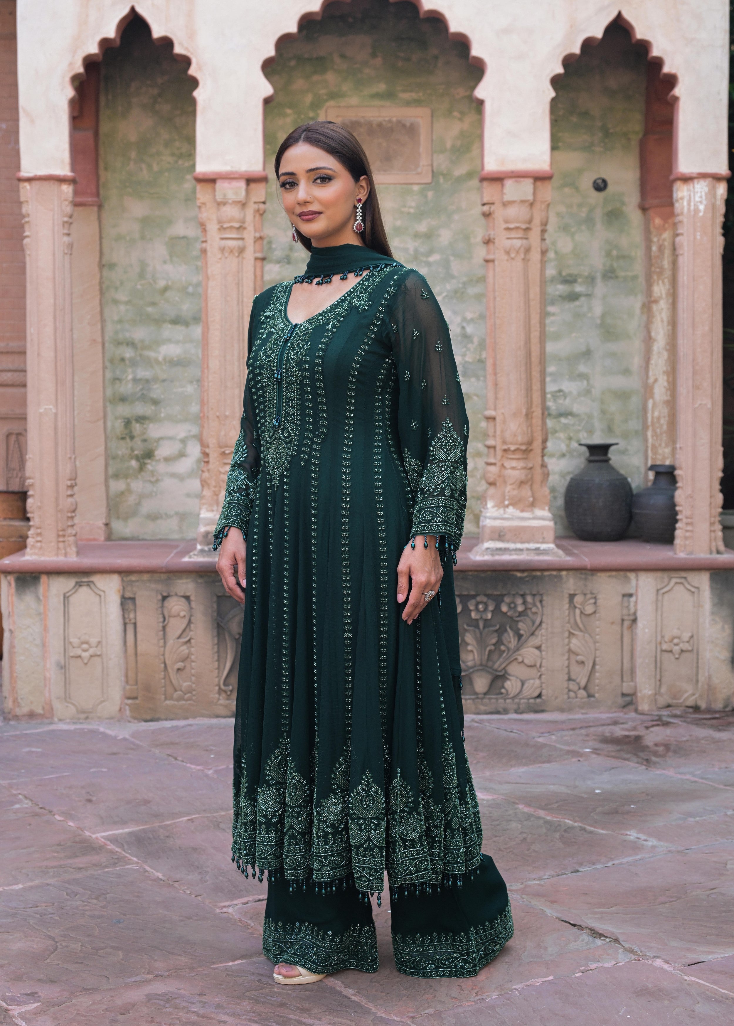 Dark Green Embellished Georgette Silk Anarkali Set