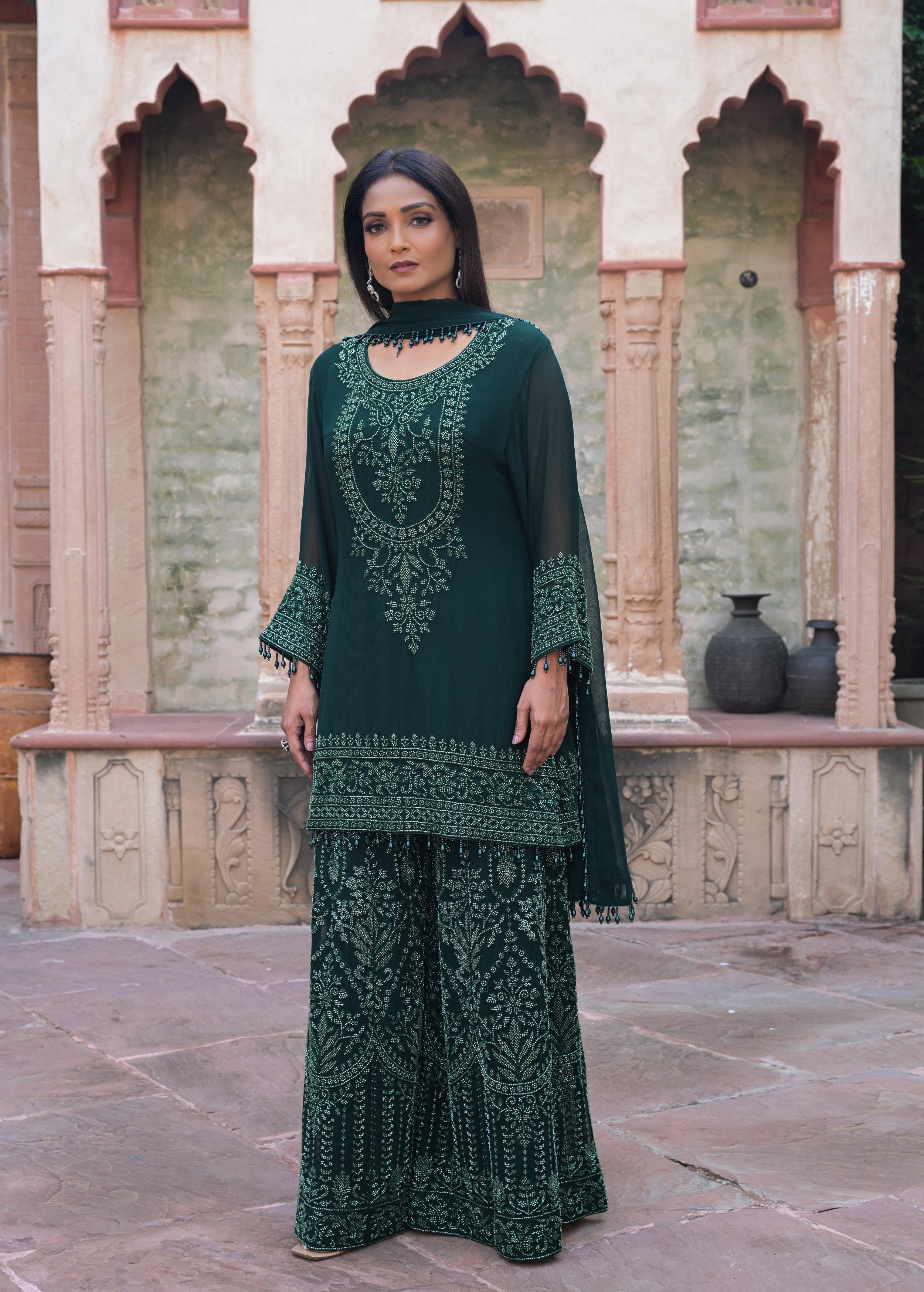 Emerald Green Embellished Georgette Silk Palazzo Set