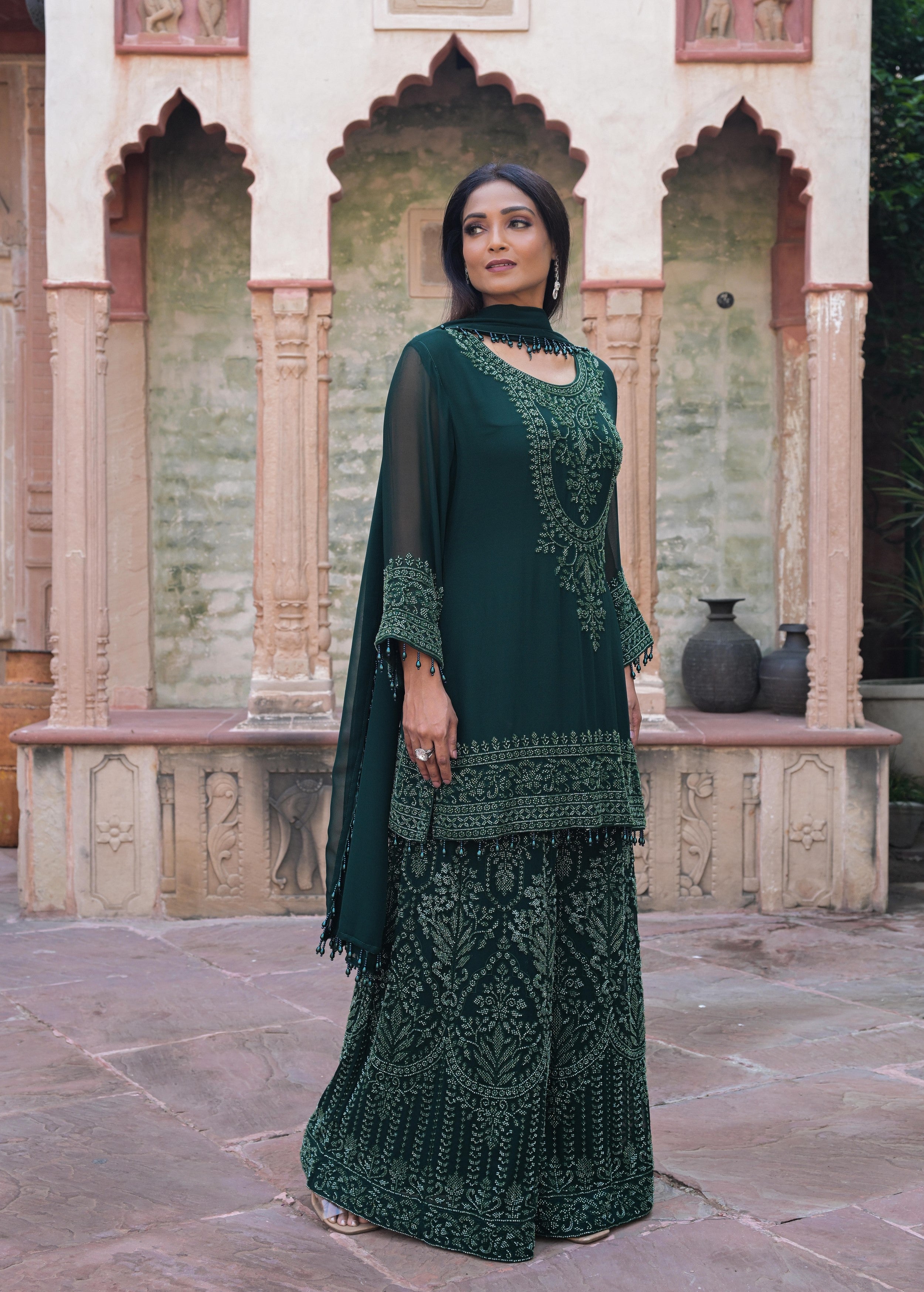 Emerald Green Embellished Georgette Silk Palazzo Set