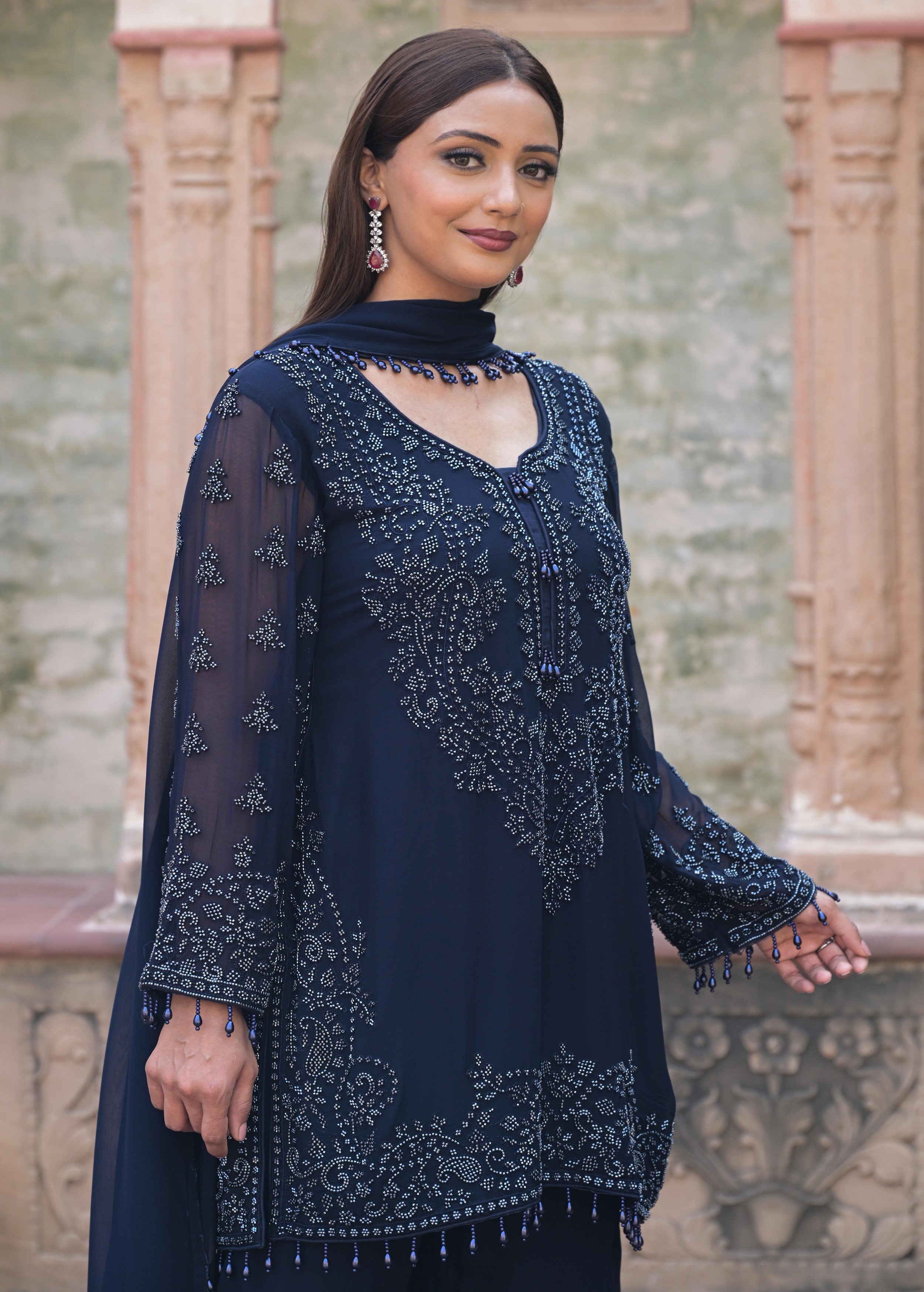 Midnight Blue Embellished Georgette Silk Pant Set