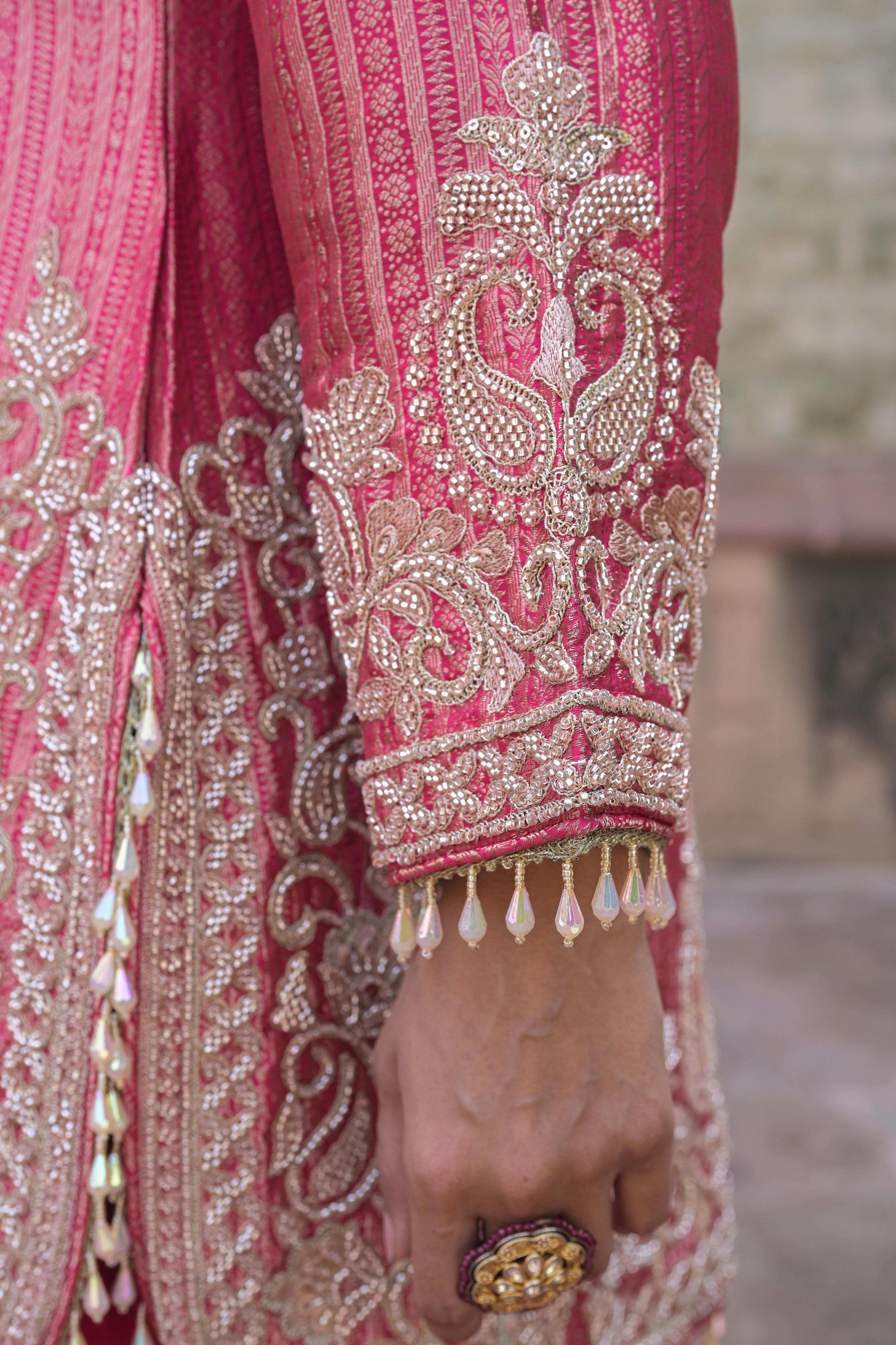 Vivid Pink Embellished Brocade Silk Pant Set