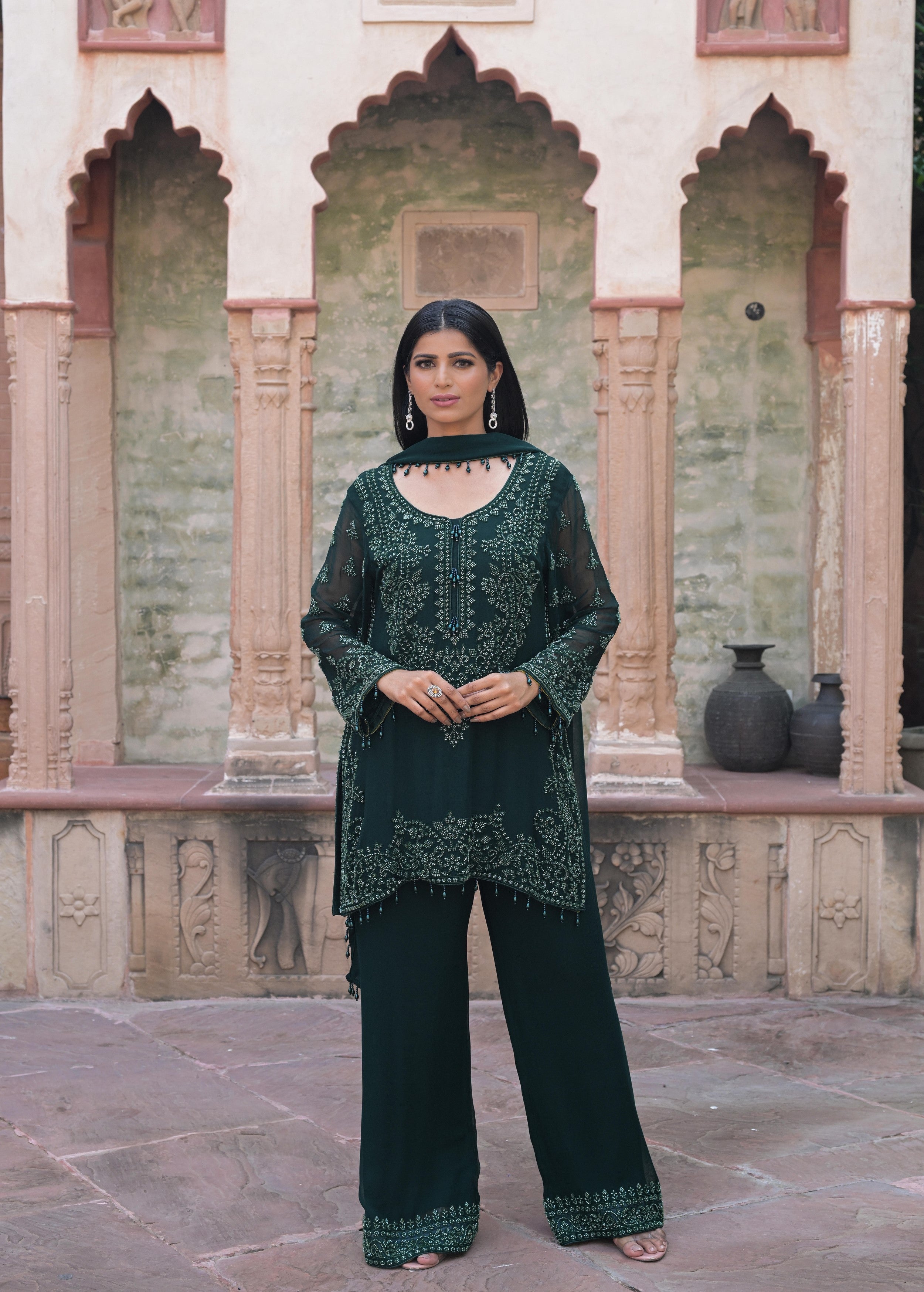Deep Green Embellished Georgette Silk Pant Set