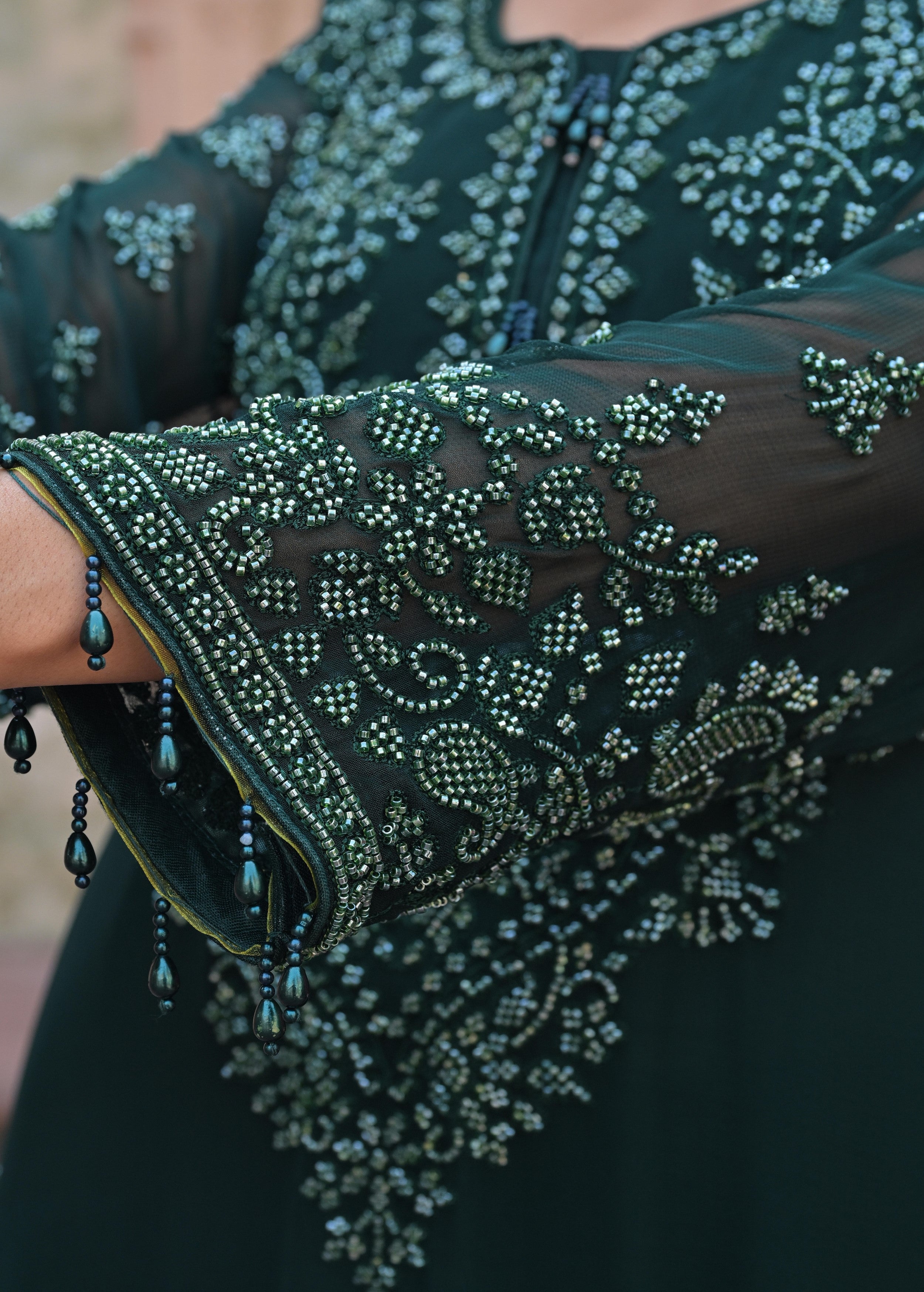 Deep Green Embellished Georgette Silk Pant Set