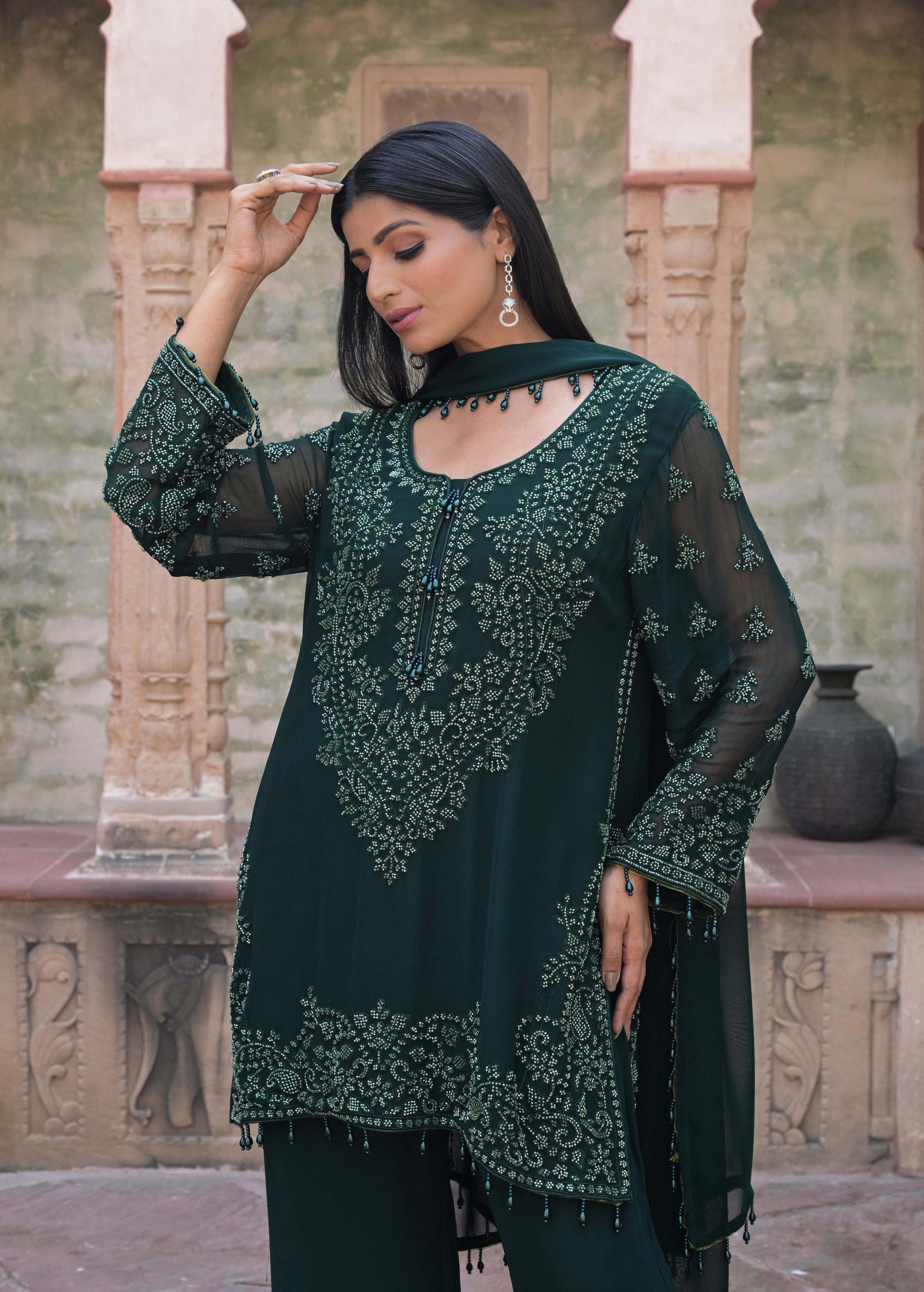 Deep Green Embellished Georgette Silk Pant Set