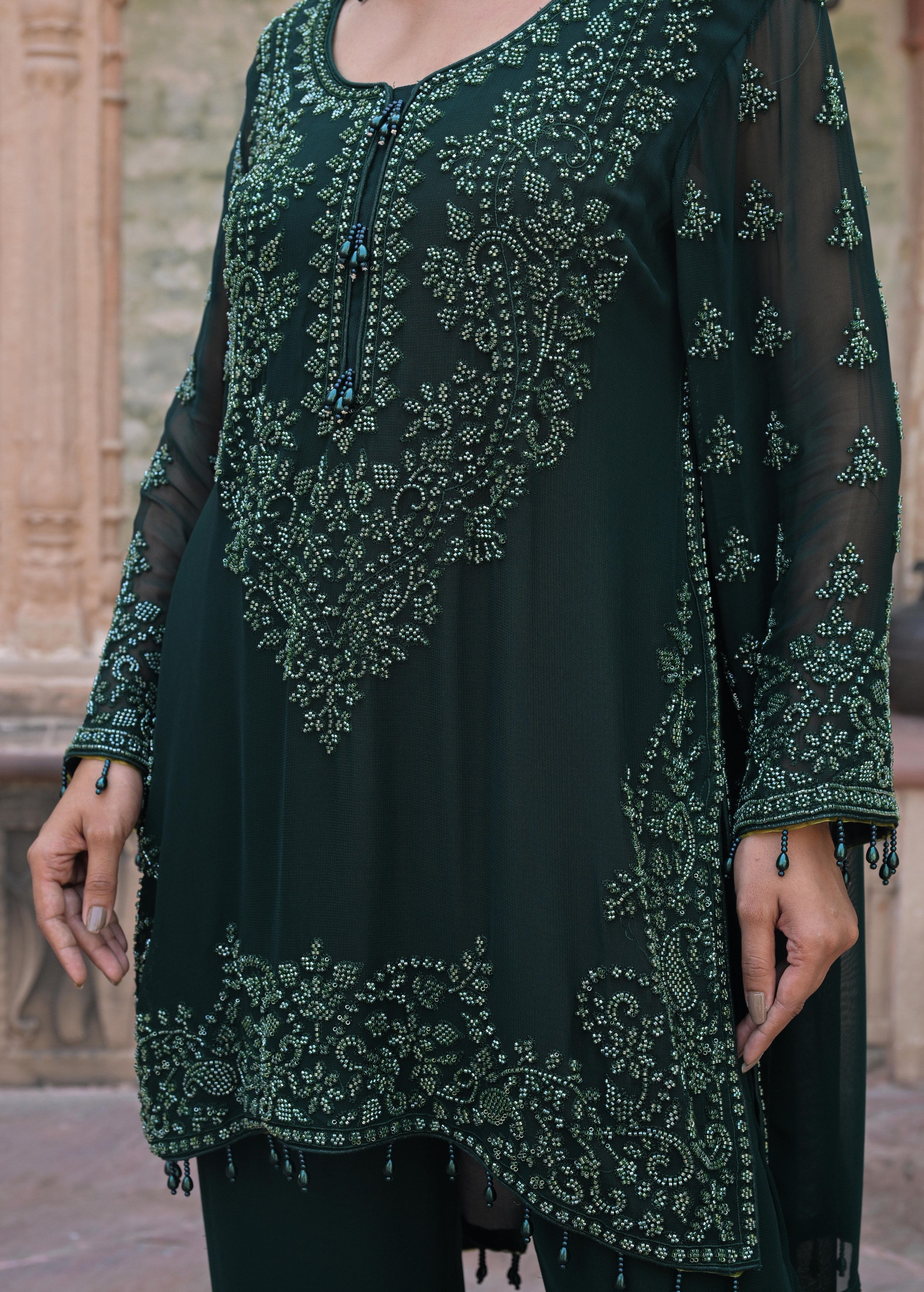 Deep Green Embellished Georgette Silk Pant Set
