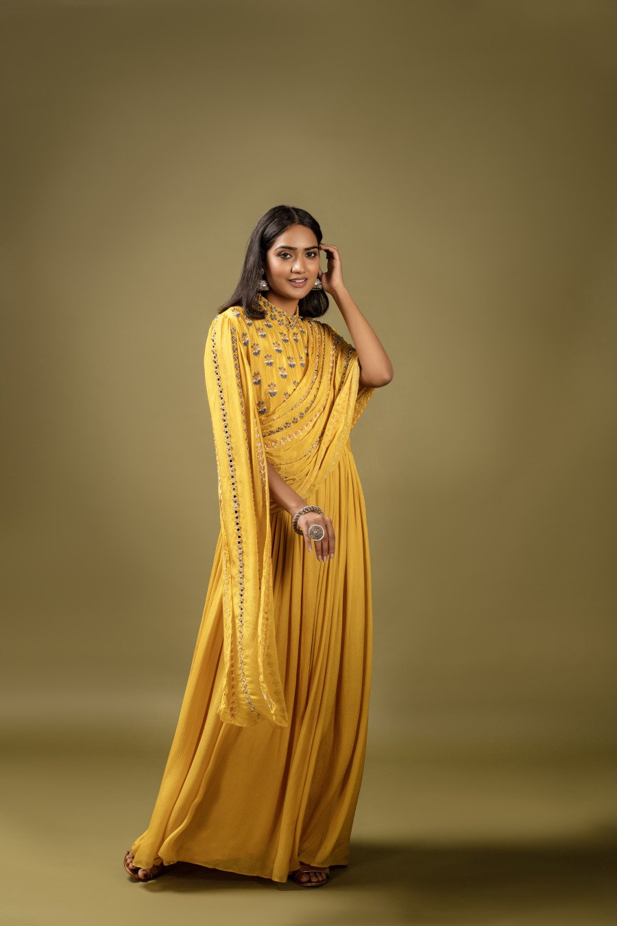Mustard Embellished & Draped Chinon Silk Gown