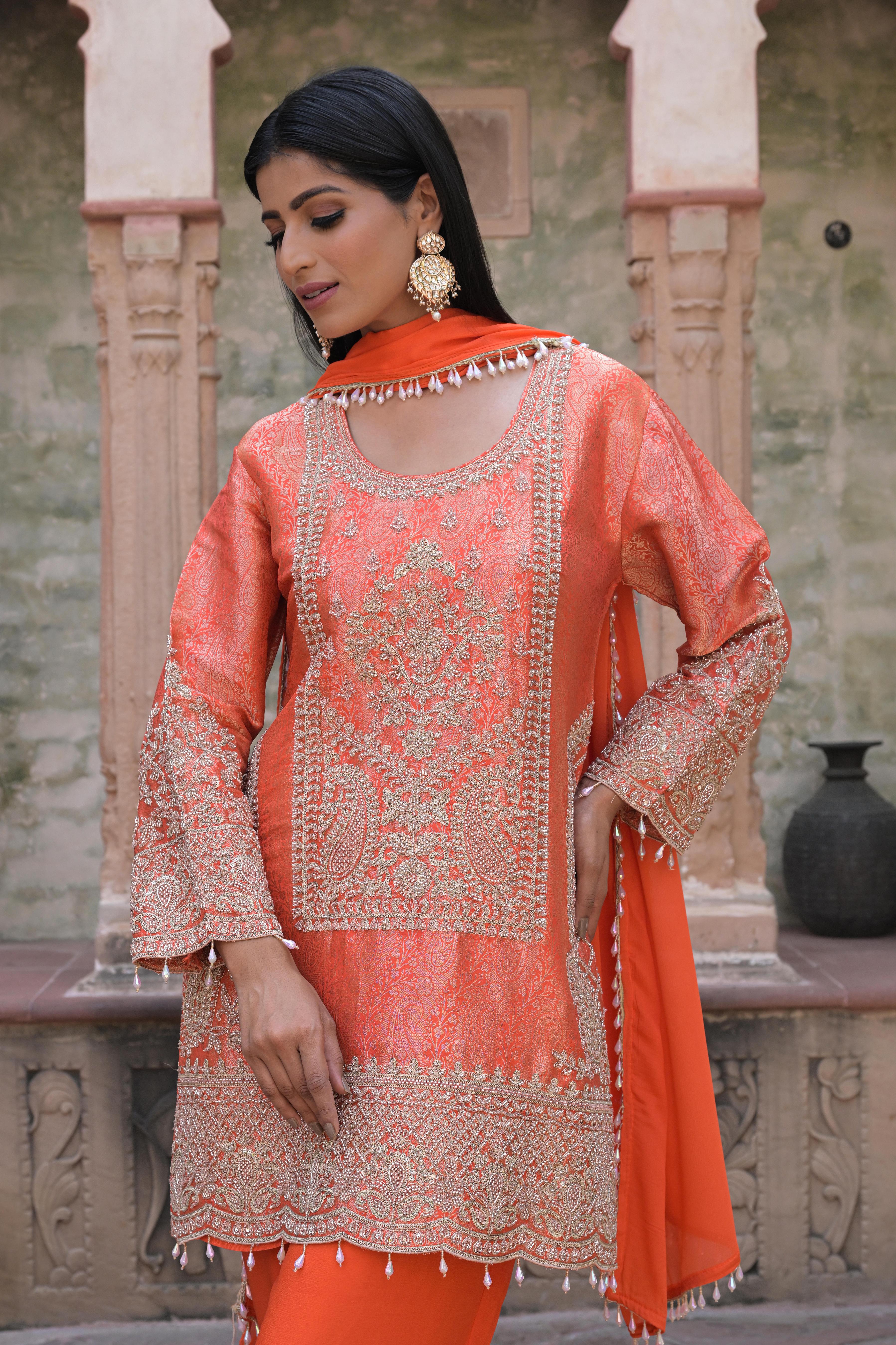 Coral Orange Embellished Brocade Silk Pant Set