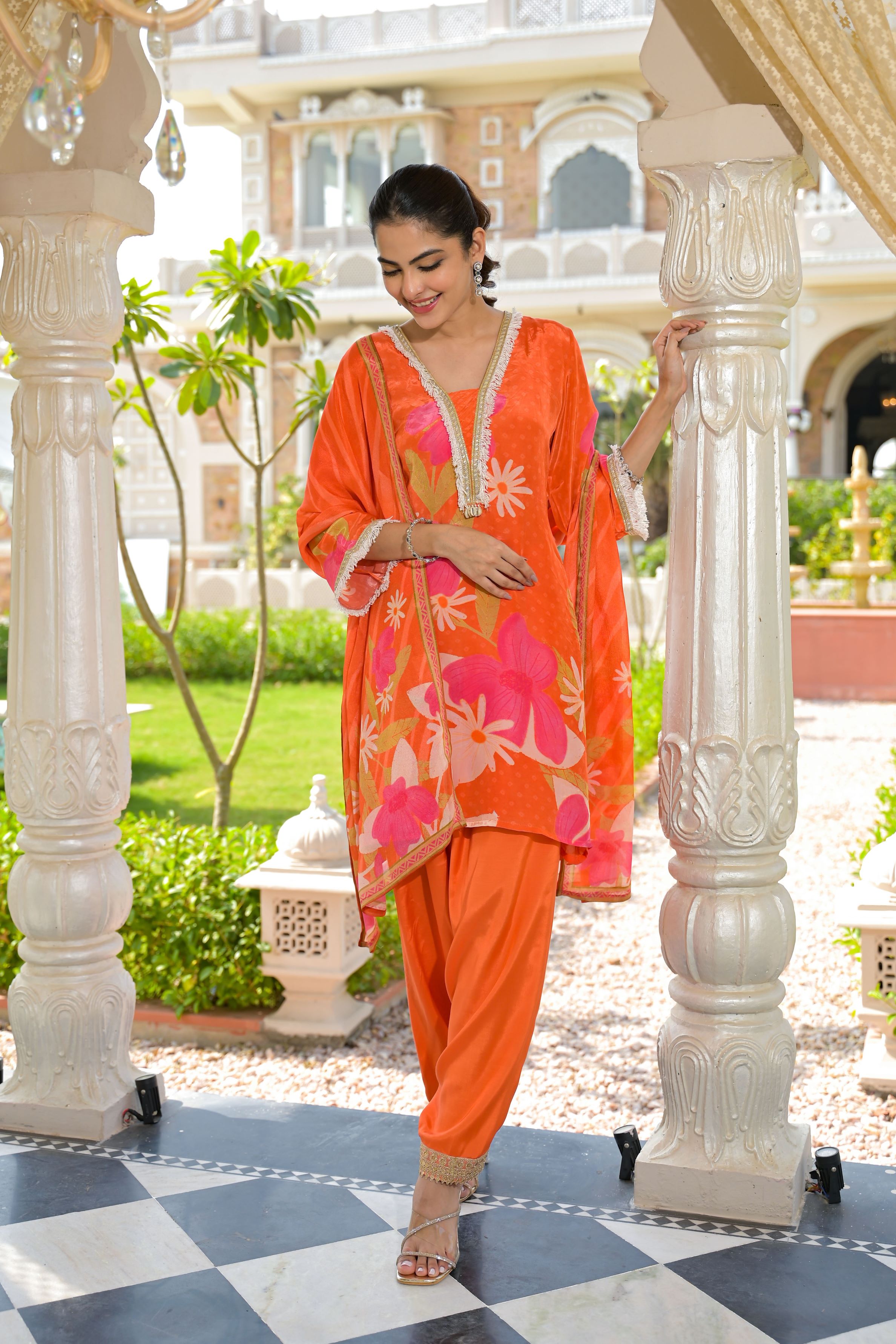 Orange Floral Printed Crepe Silk Salwar Set