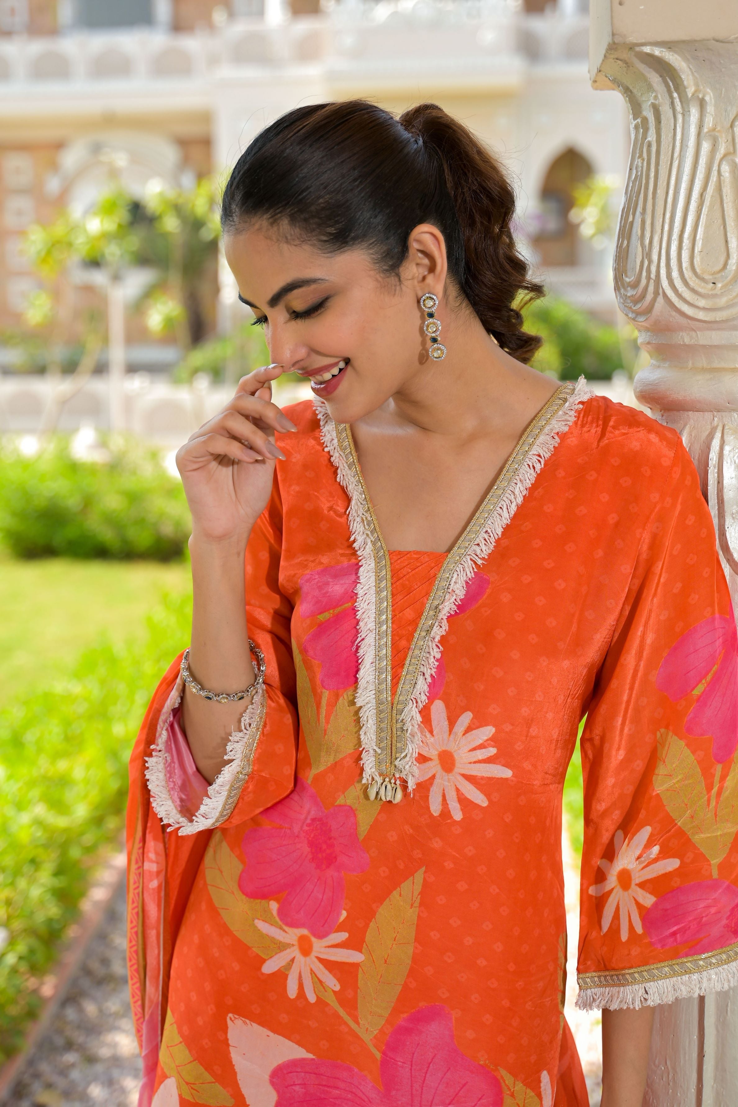 Orange Floral Printed Crepe Silk Salwar Set