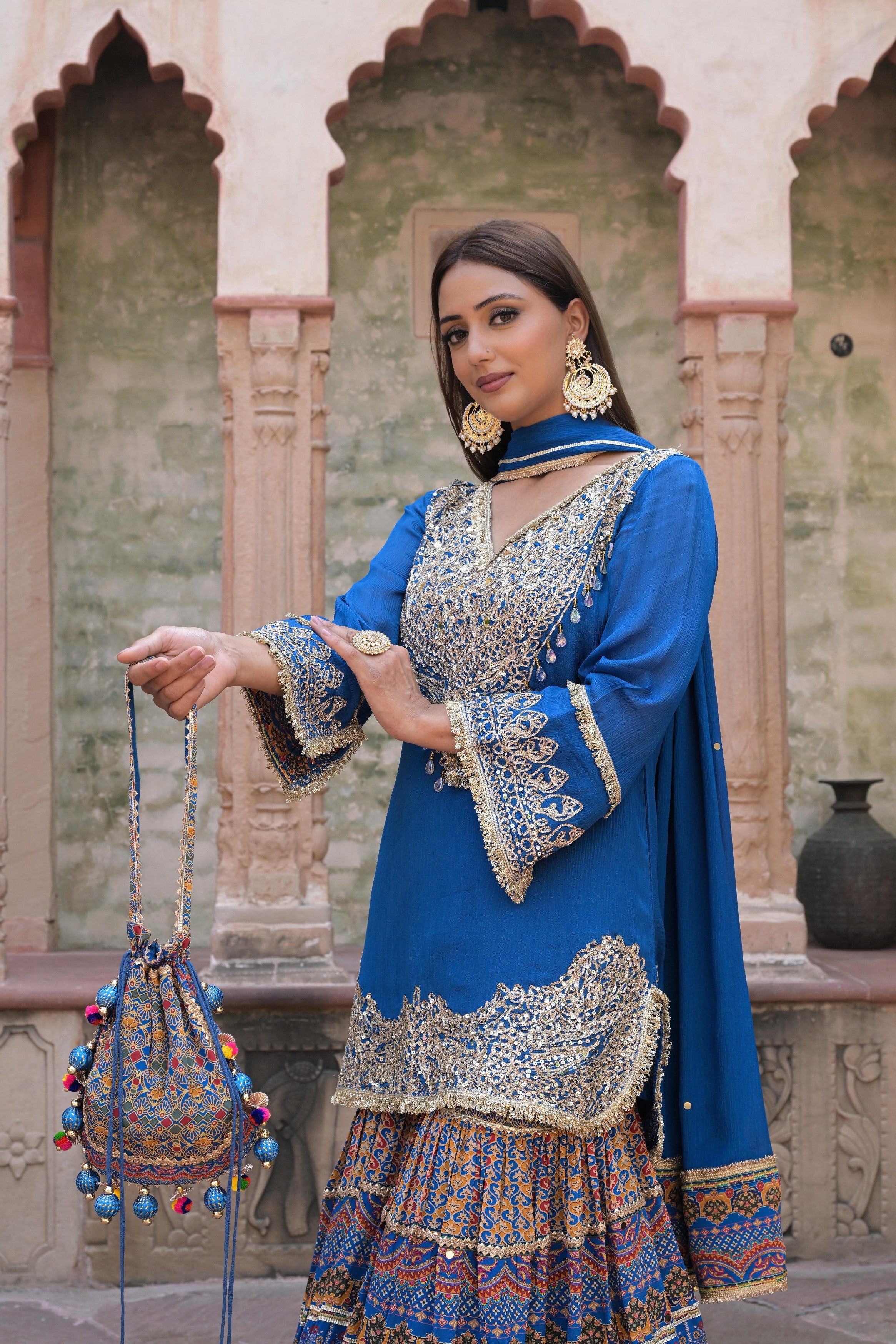 Royal Blue Embellished Chinon Silk Sharara Set