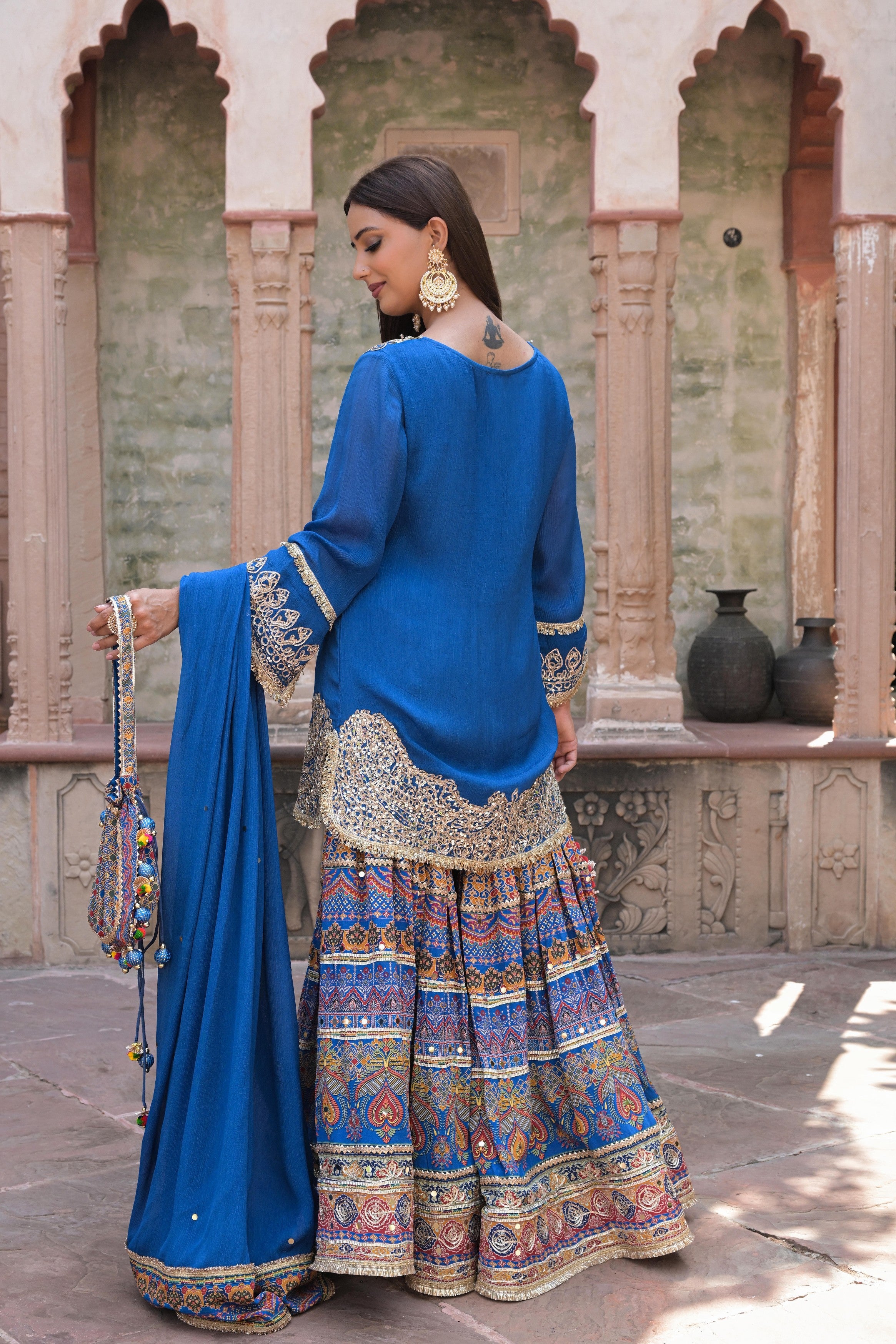 Royal Blue Embellished Chinon Silk Sharara Set