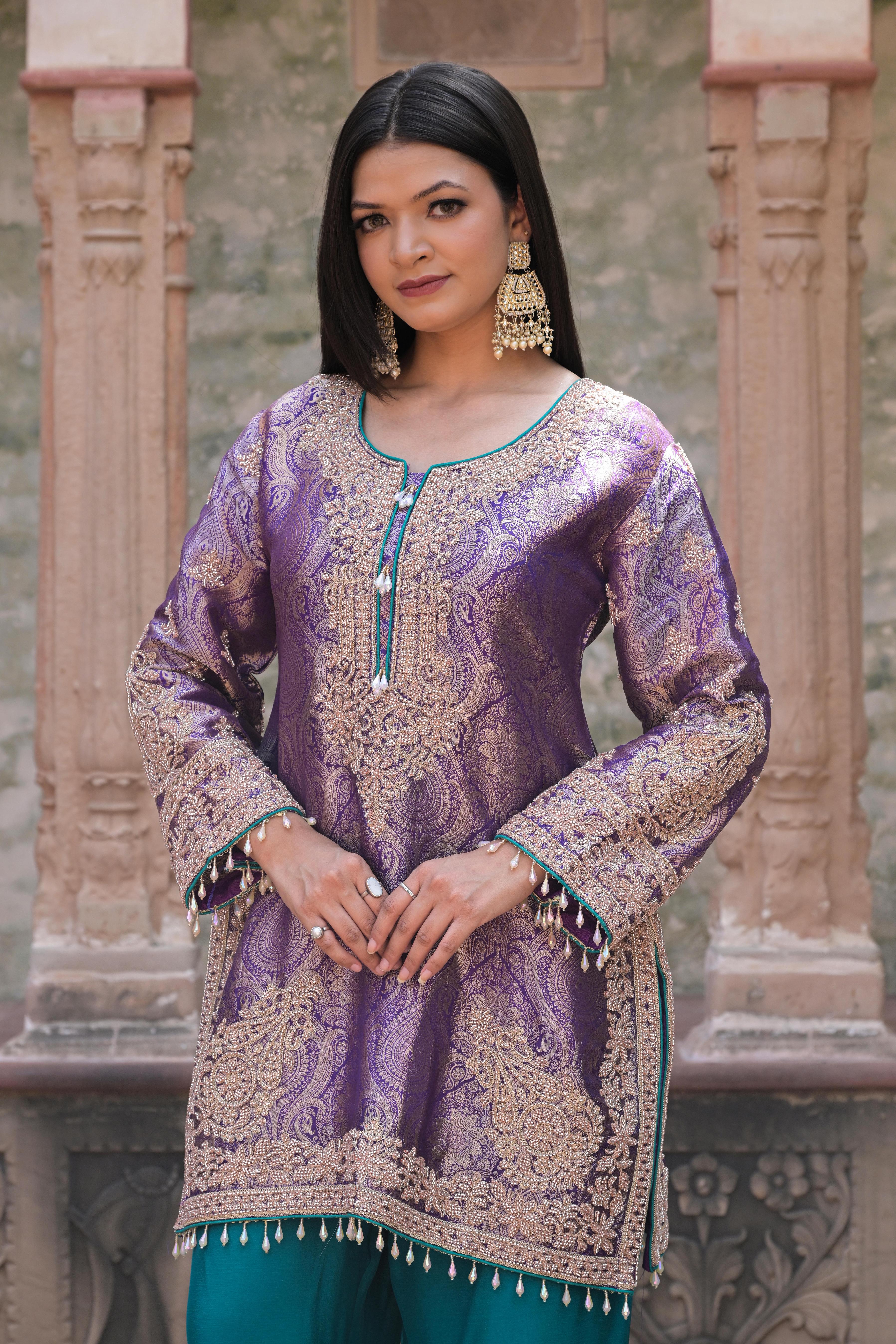 Royal Purple Embellished Banarasi Silk Pant Set