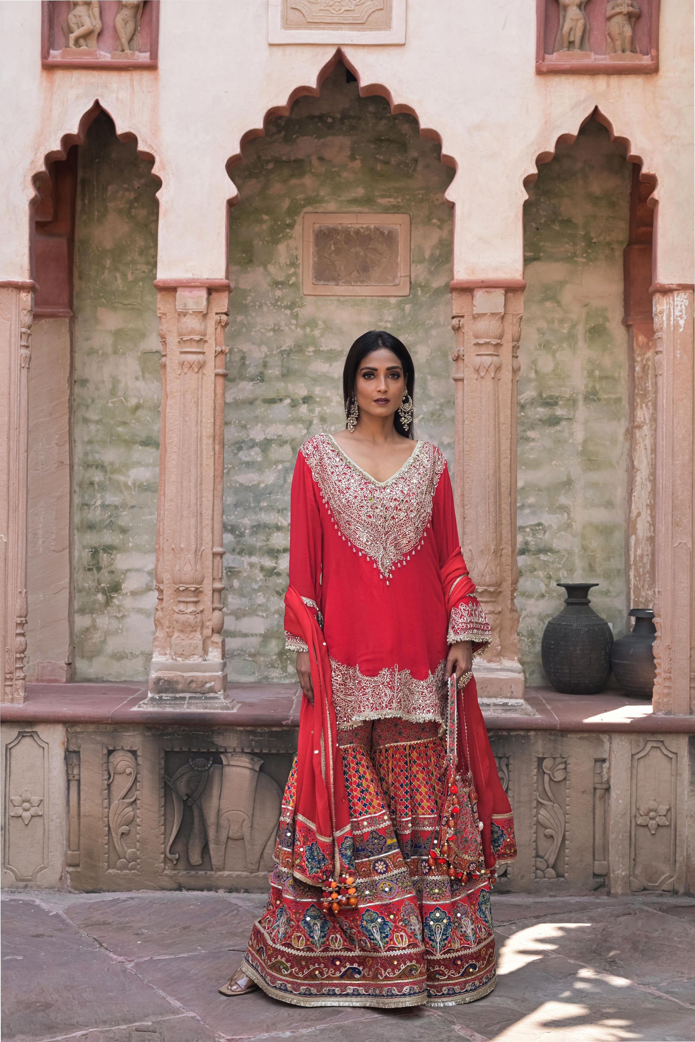 Bright Red Embellished Chinon Silk Sharara Set