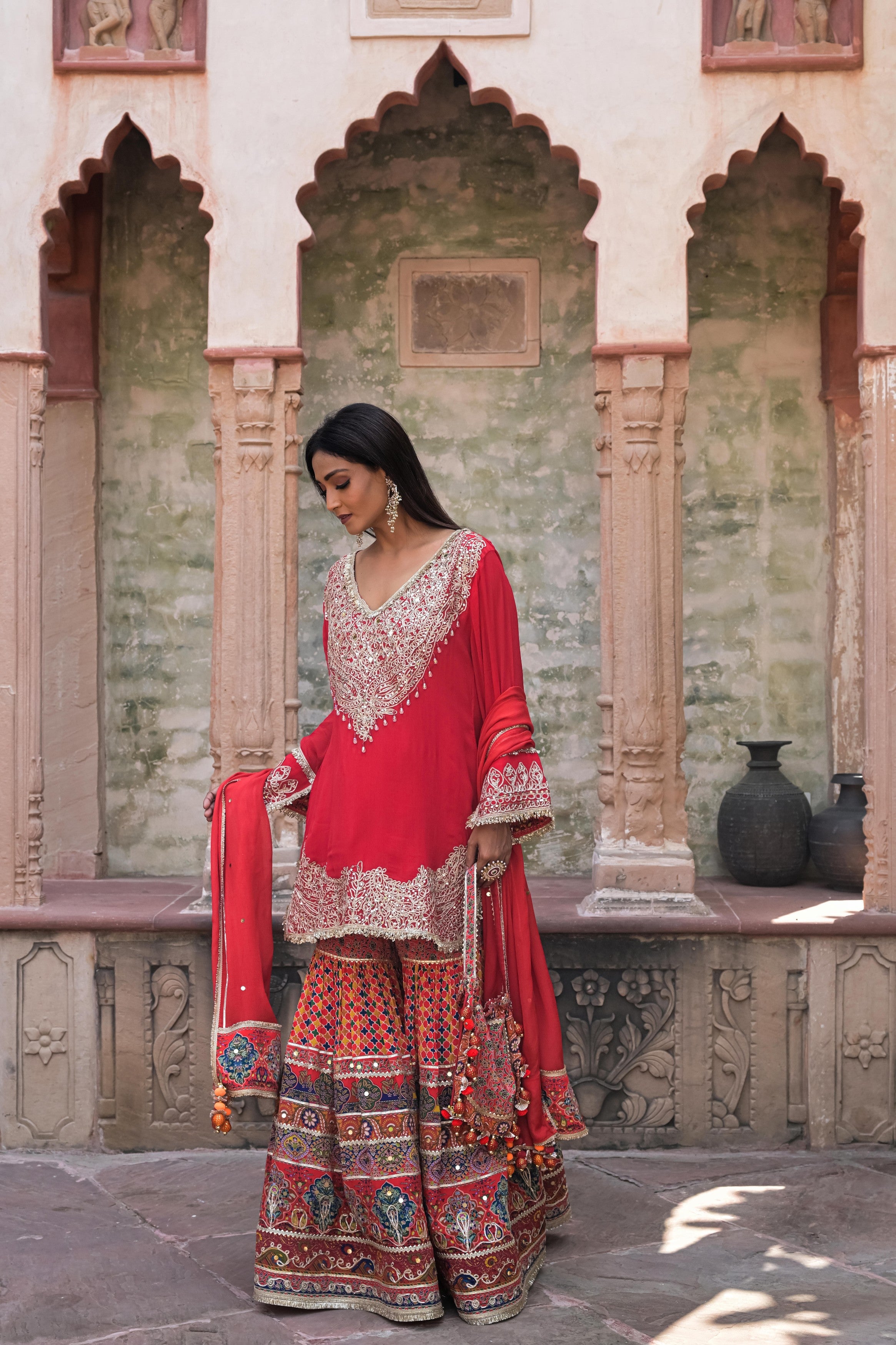 Bright Red Embellished Chinon Silk Sharara Set