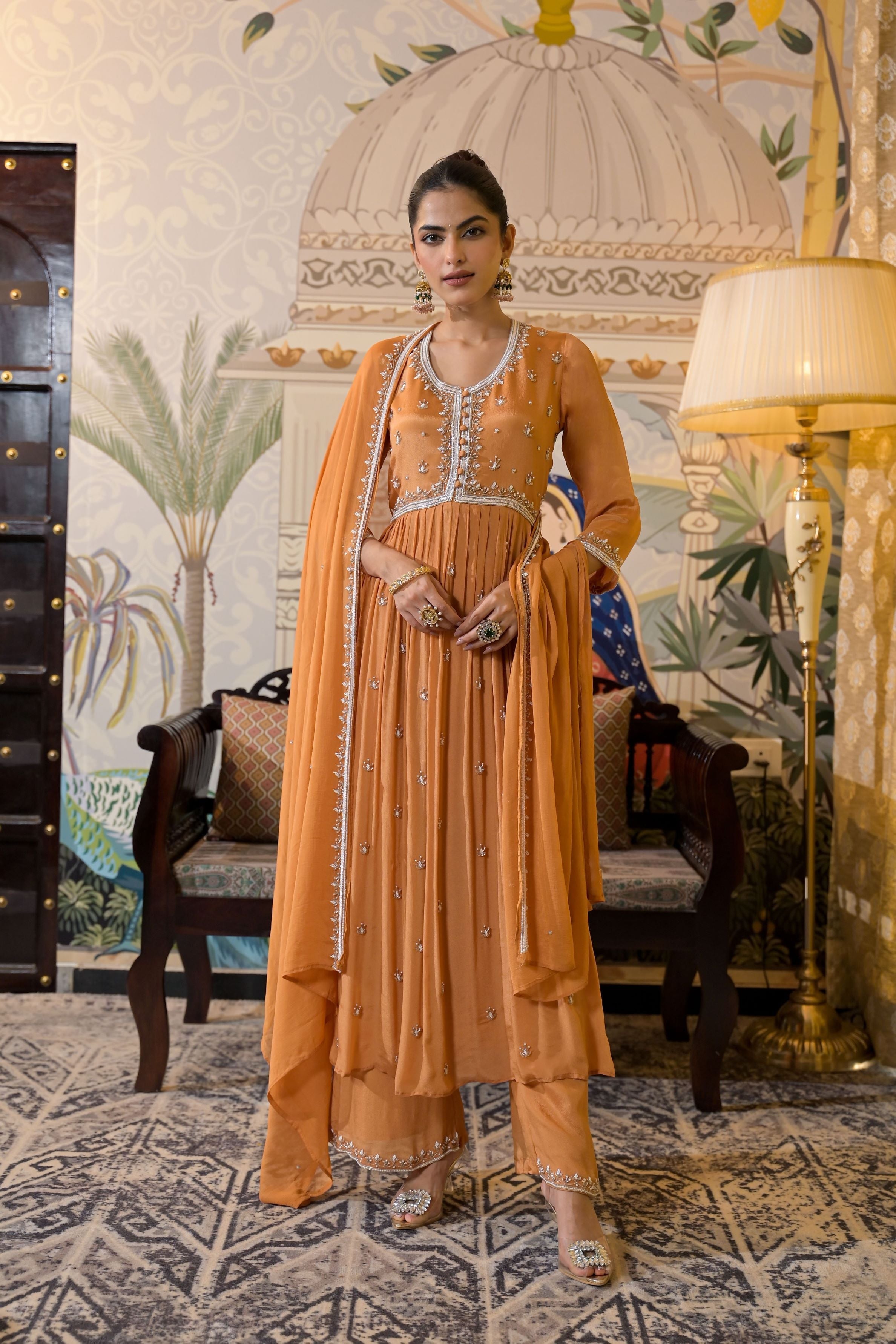 Orange Embellished Chinon Silk Anarkali Set