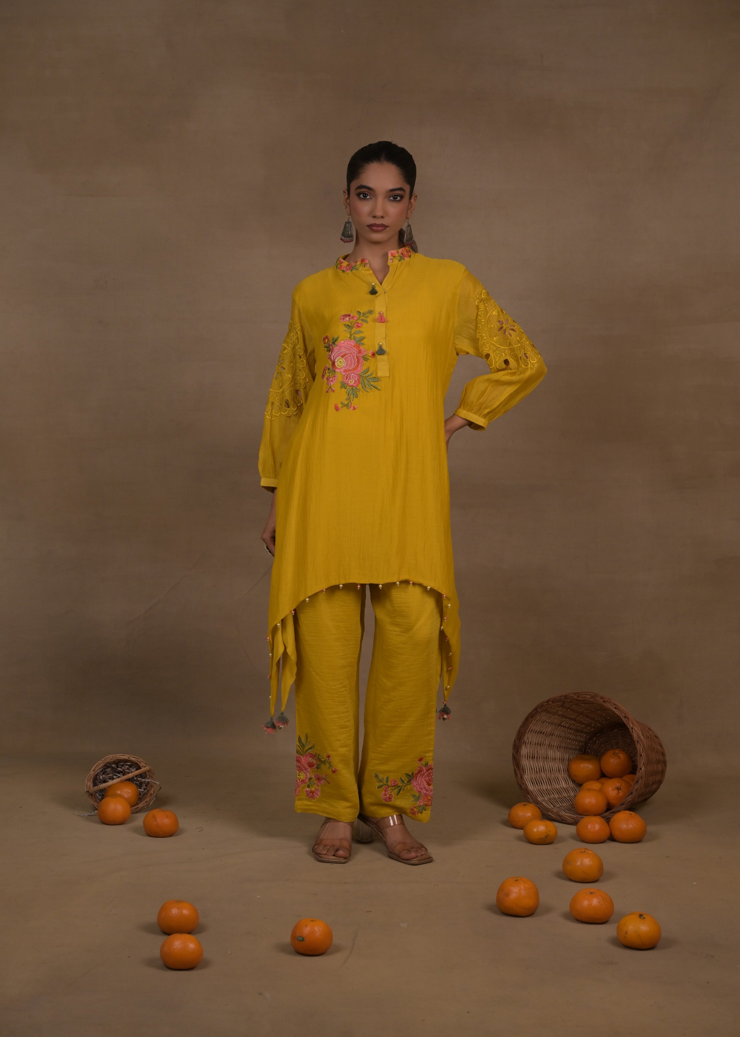 Citron Bloom Embroidered Mul Silk Kurta Set
