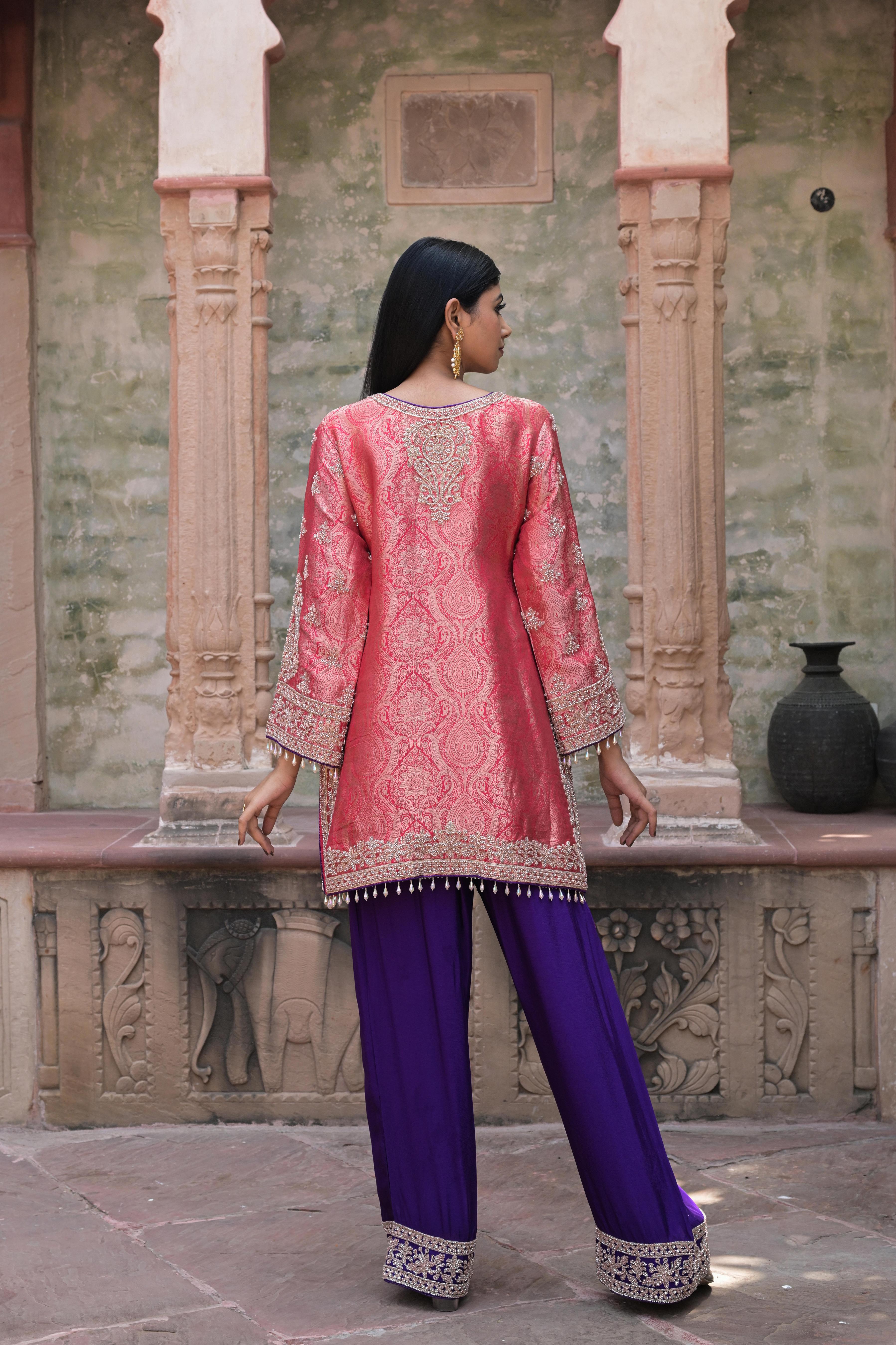 Coral Pink Embellished Banarasi Silk Pant Set