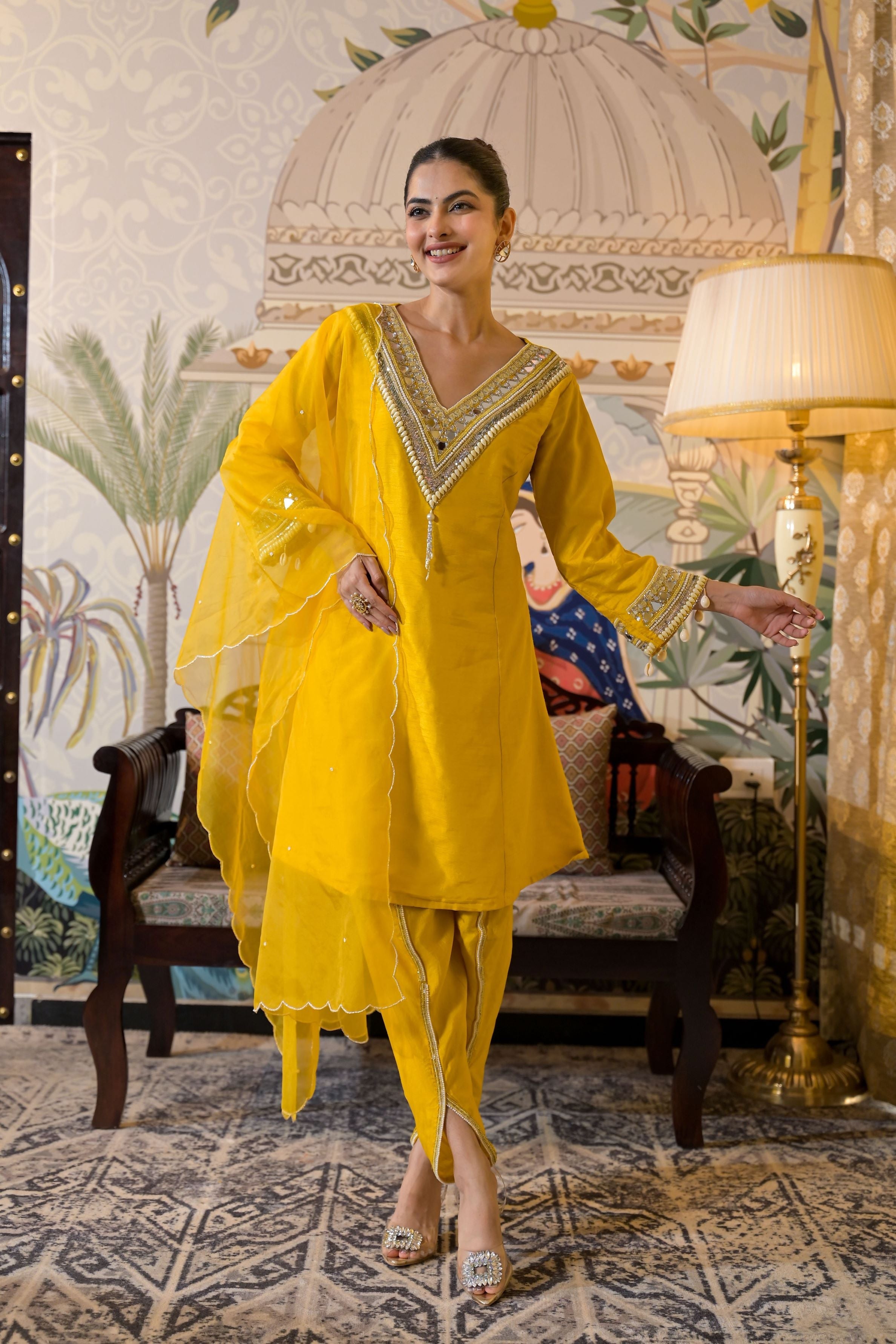 Yellow Embroidered Raw Silk Dhoti Set