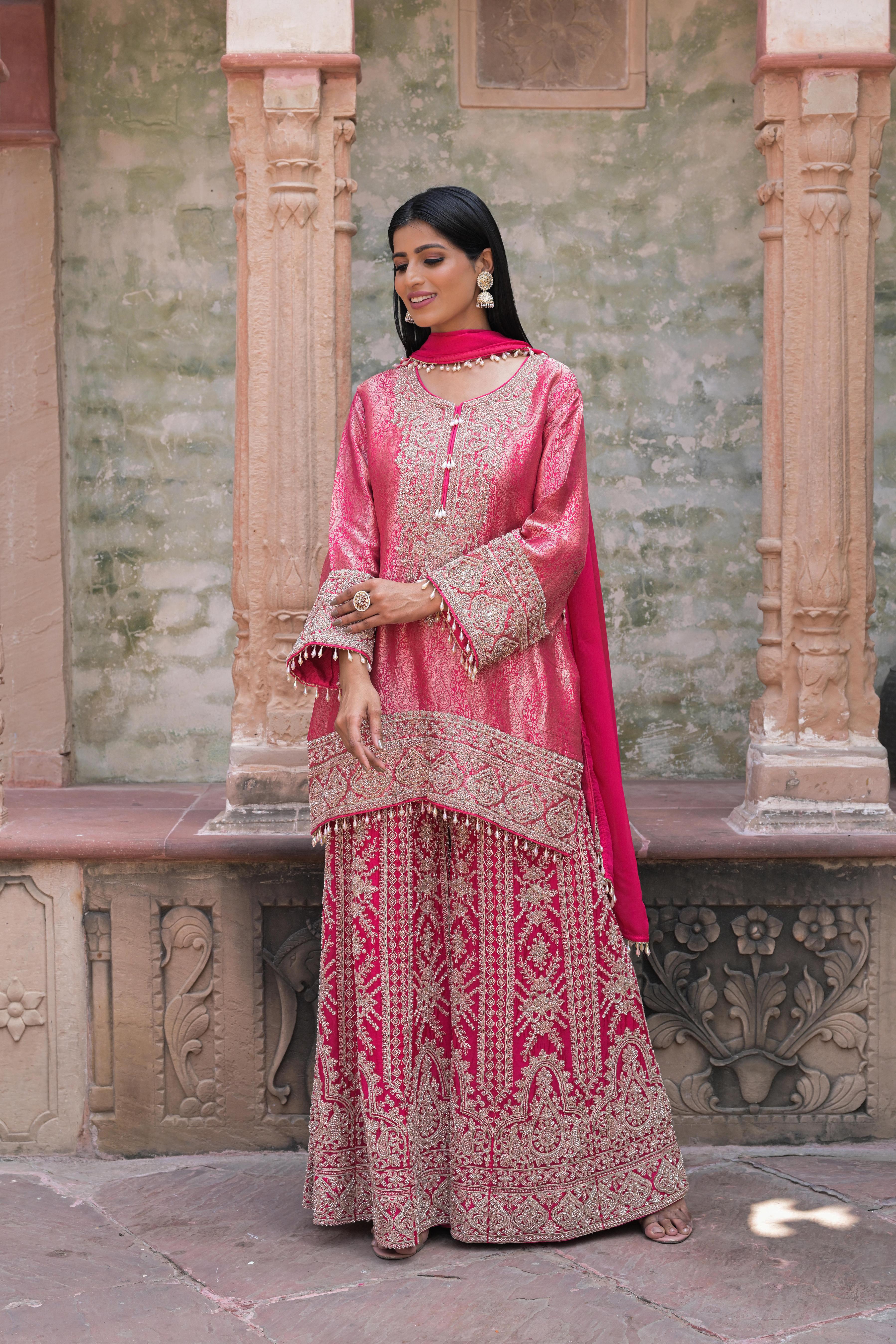 Watermelon Pink Embellished Banarasi Silk Palazzo Set